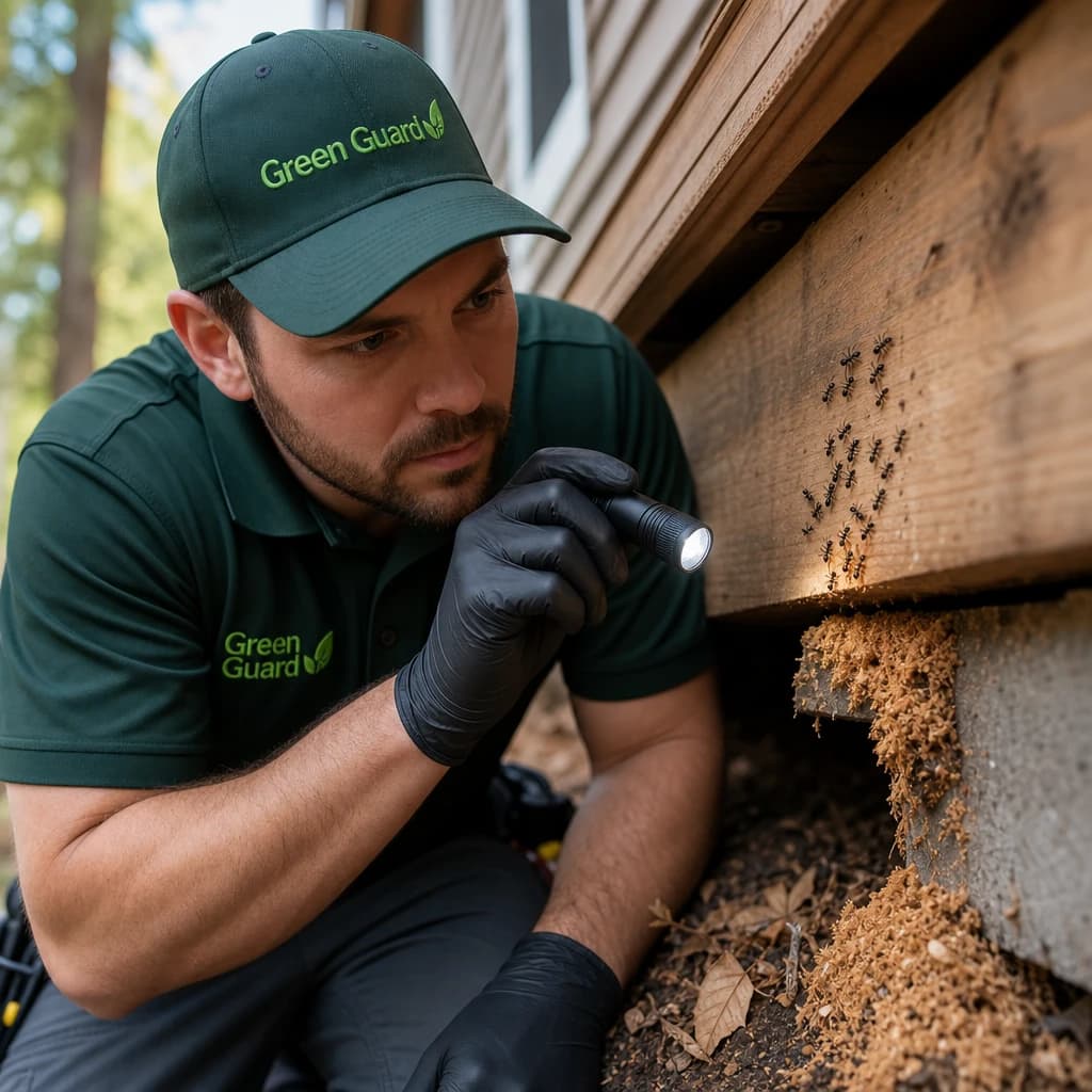 Green Guard technician inspecting carpenter ant activity on wood eaves
