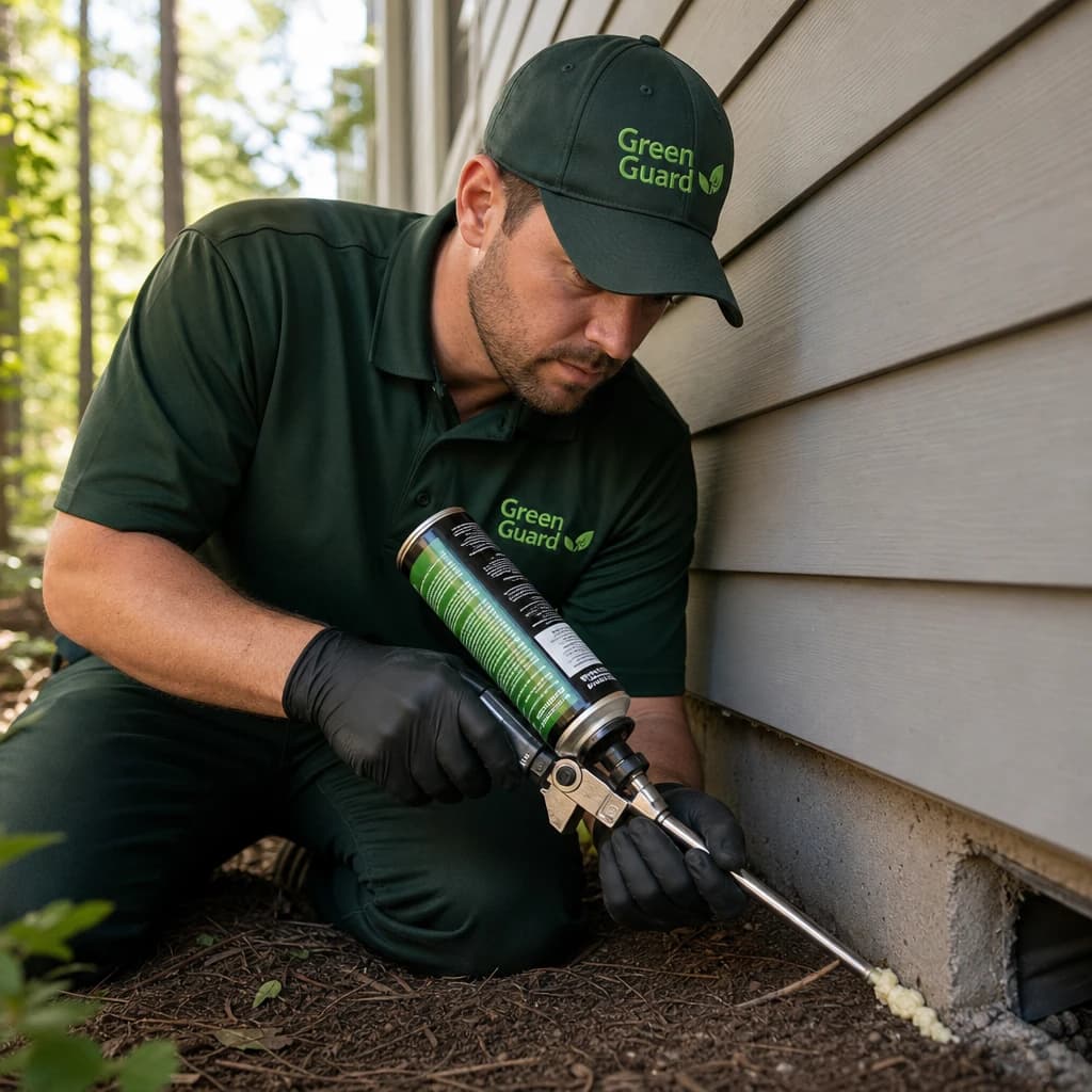 Green Guard technician sealing a foundation entry point for rodents