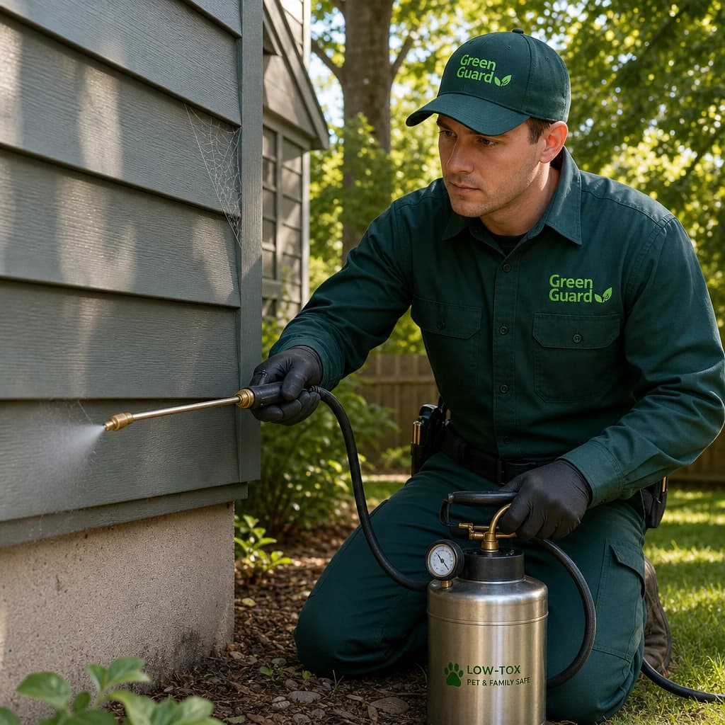 Green Guard technician treating exterior for spiders in Boise