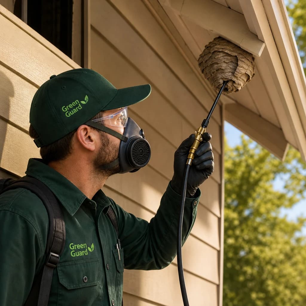Green Guard technician removing a paper wasp nest from eaves