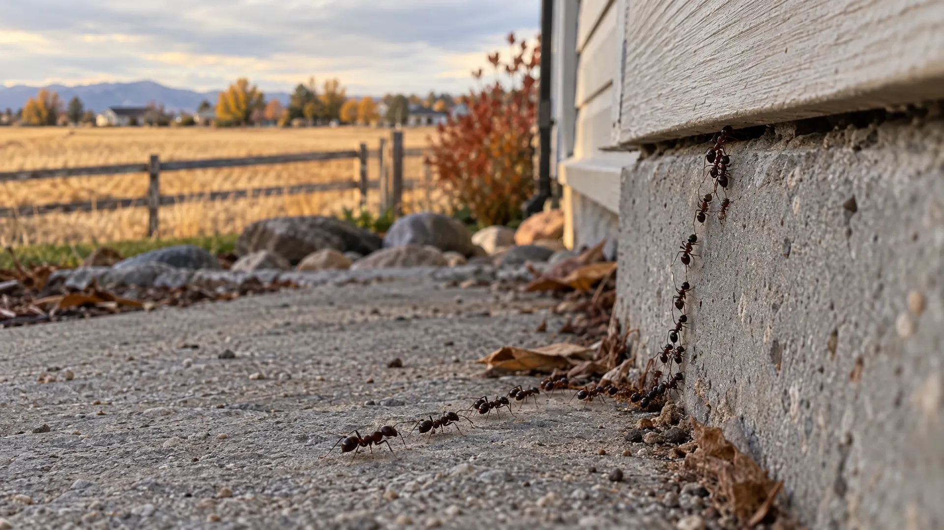 Line of small dark ants trailing along the concrete foundation of a new Kuna Idaho home with a harvested farm field and fall colors behind it, a sign the home needs ant control in Kuna