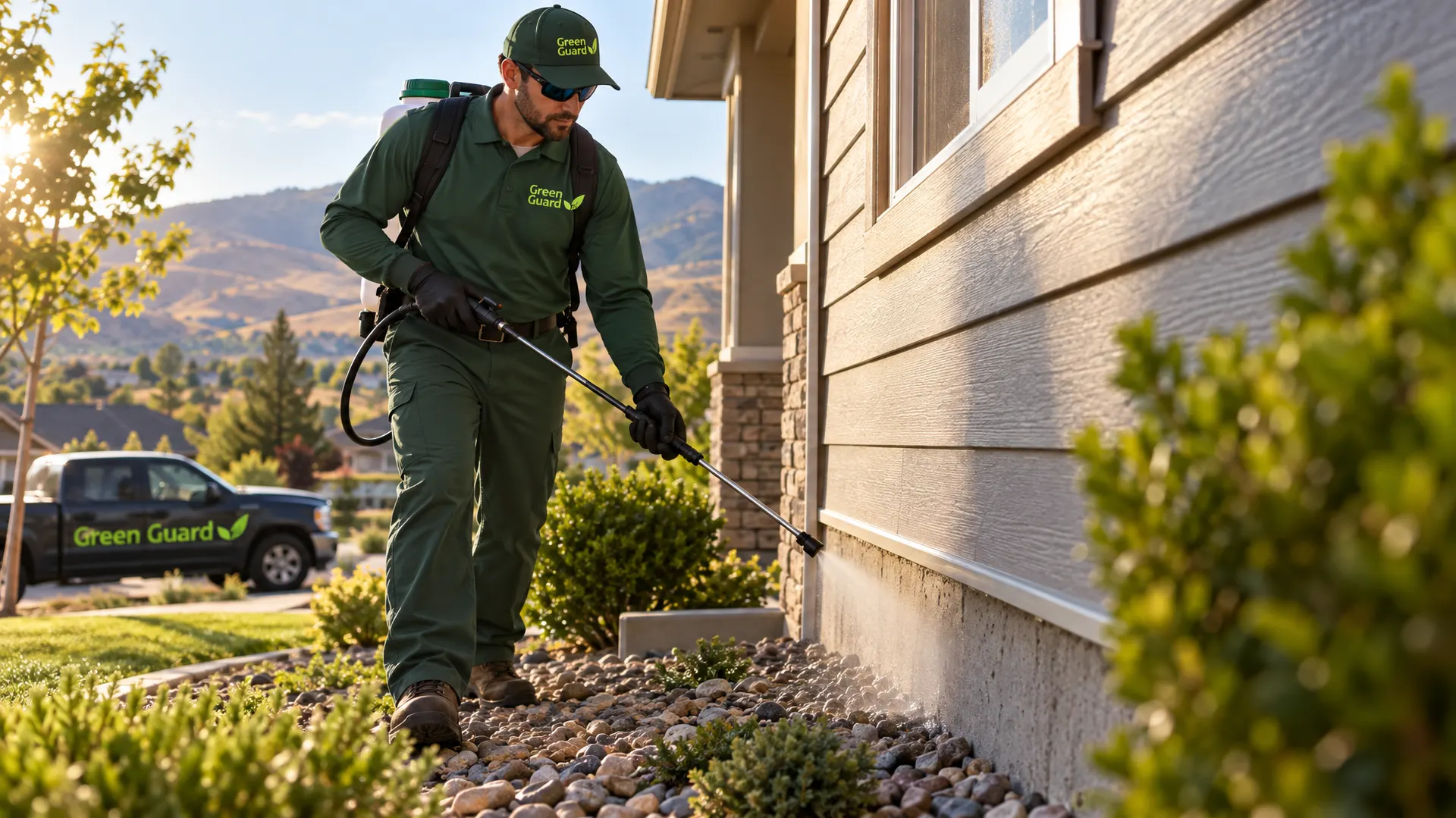 Green Guard technician applying barrier pest control along the foundation of a Boise home