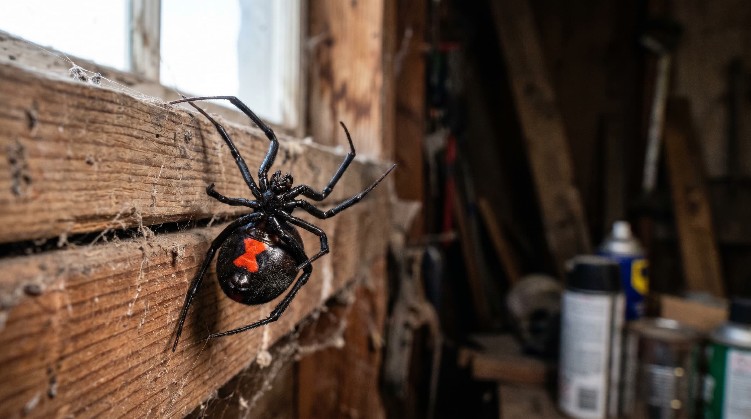 Close-up of a female black widow spider showing red hourglass marking, used in Idaho bite safety guide