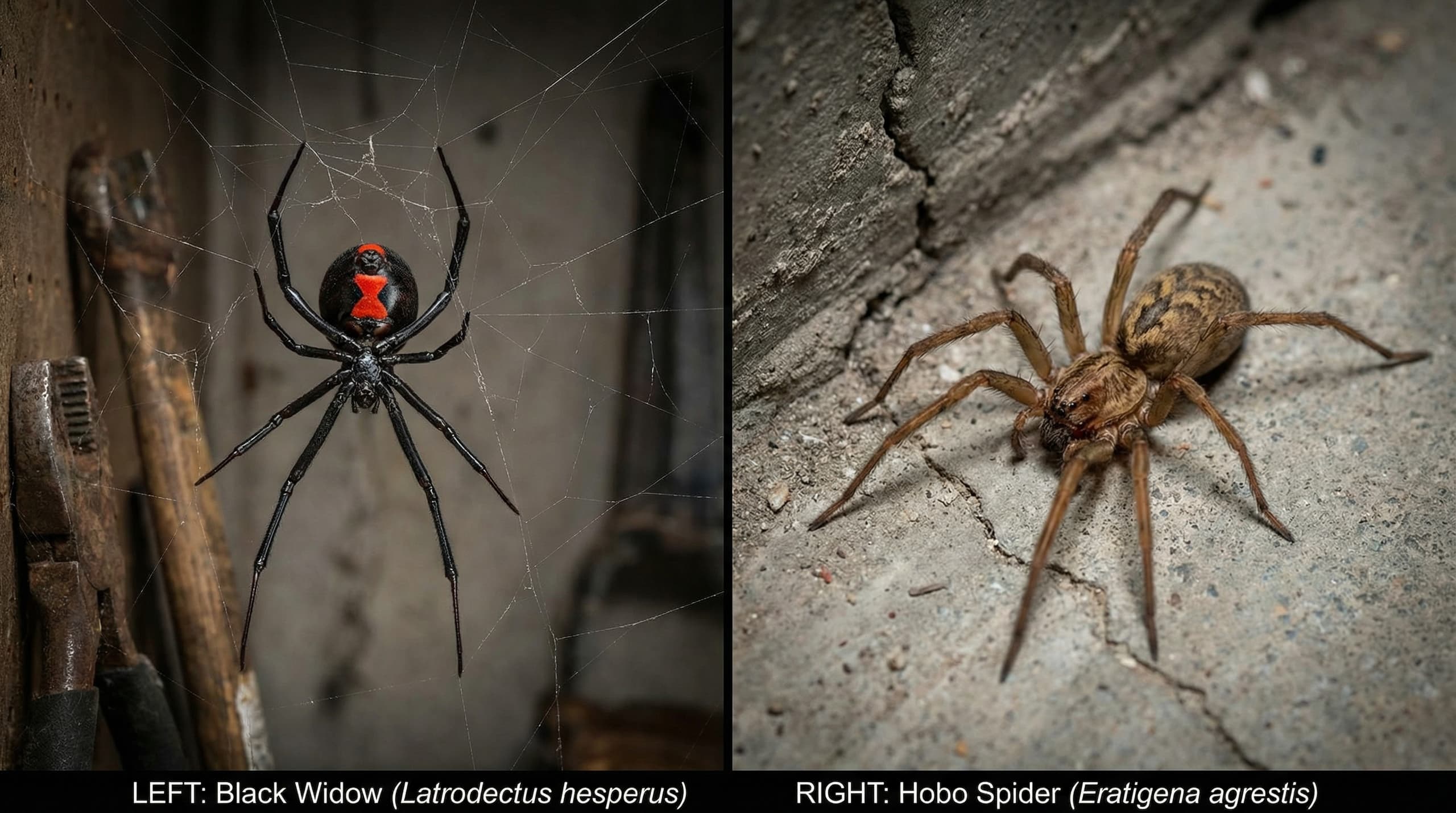 Side-by-side comparison of a black widow spider and hobo spider commonly found in Idaho homes