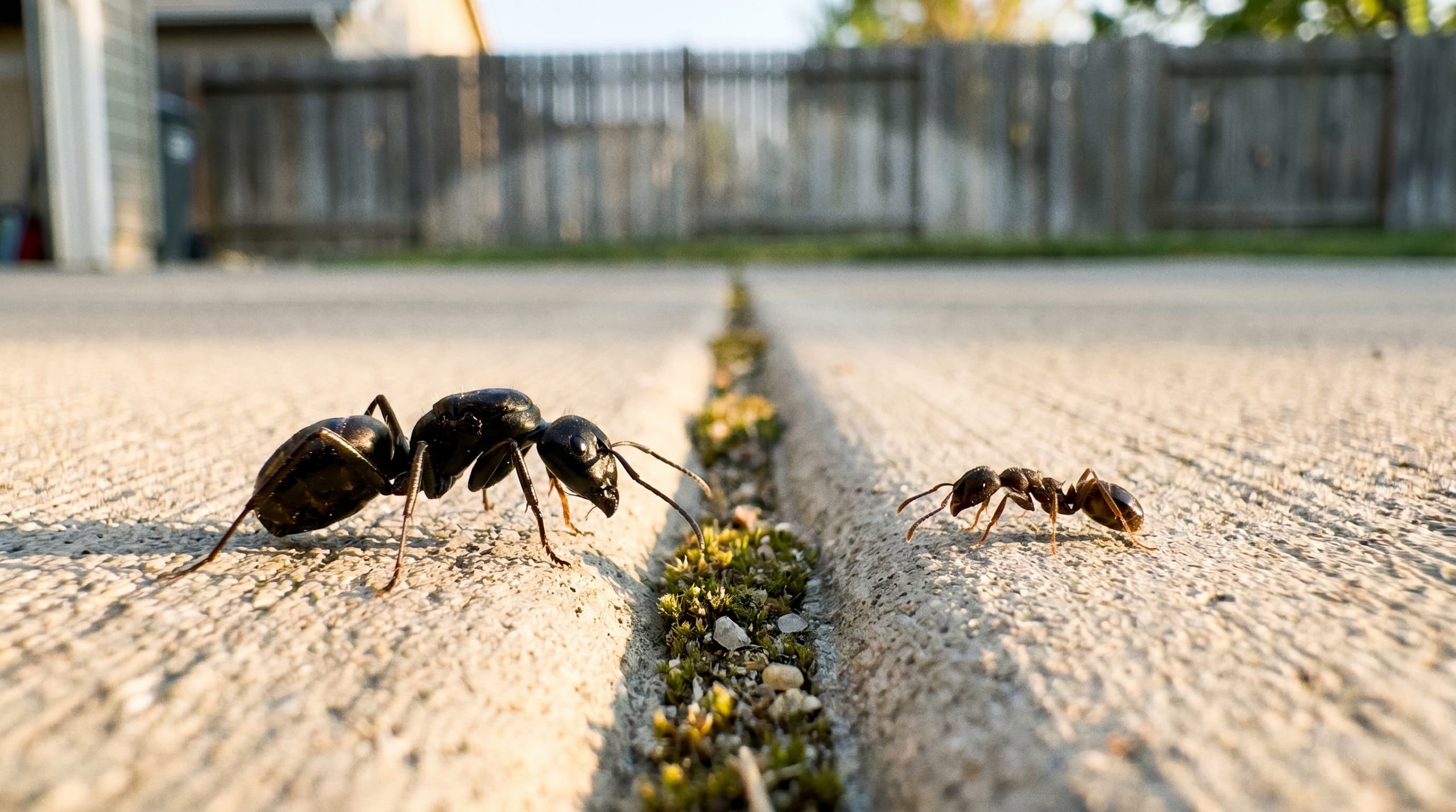 Side by side macro photo of a black carpenter ant and a small pavement ant on Boise concrete