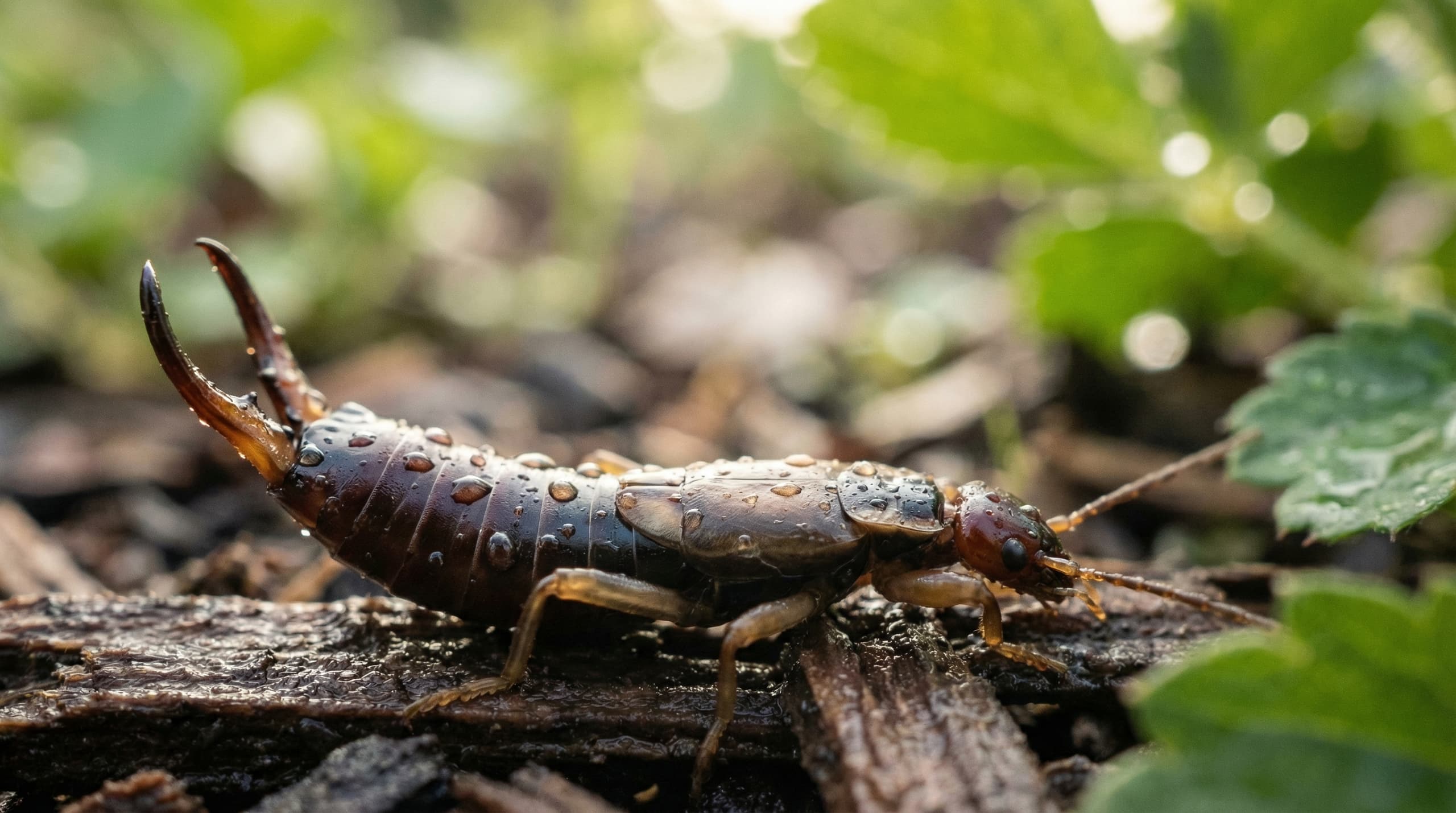 European earwig on damp garden mulch in a Boise backyard