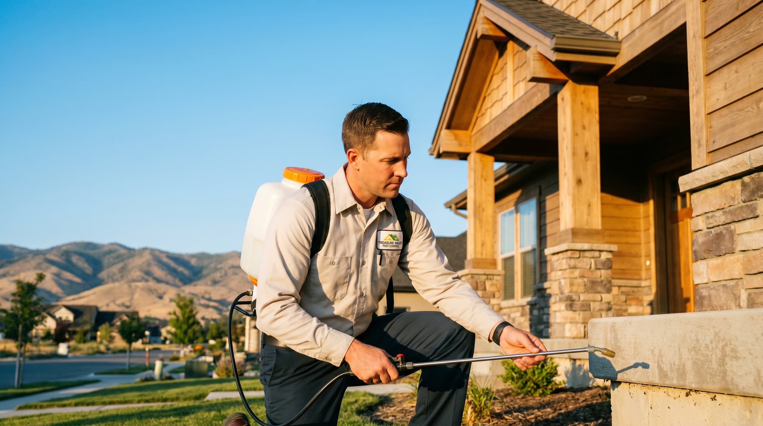 Licensed Boise exterminator treating the foundation perimeter of a Treasure Valley home