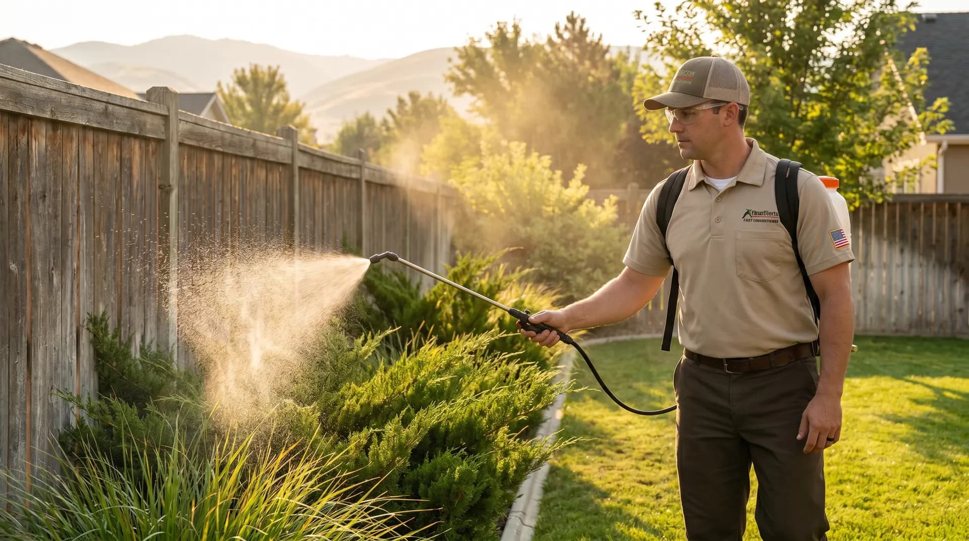 Green Guard technician applying mosquito barrier spray to shrubs along a Boise home's fence line