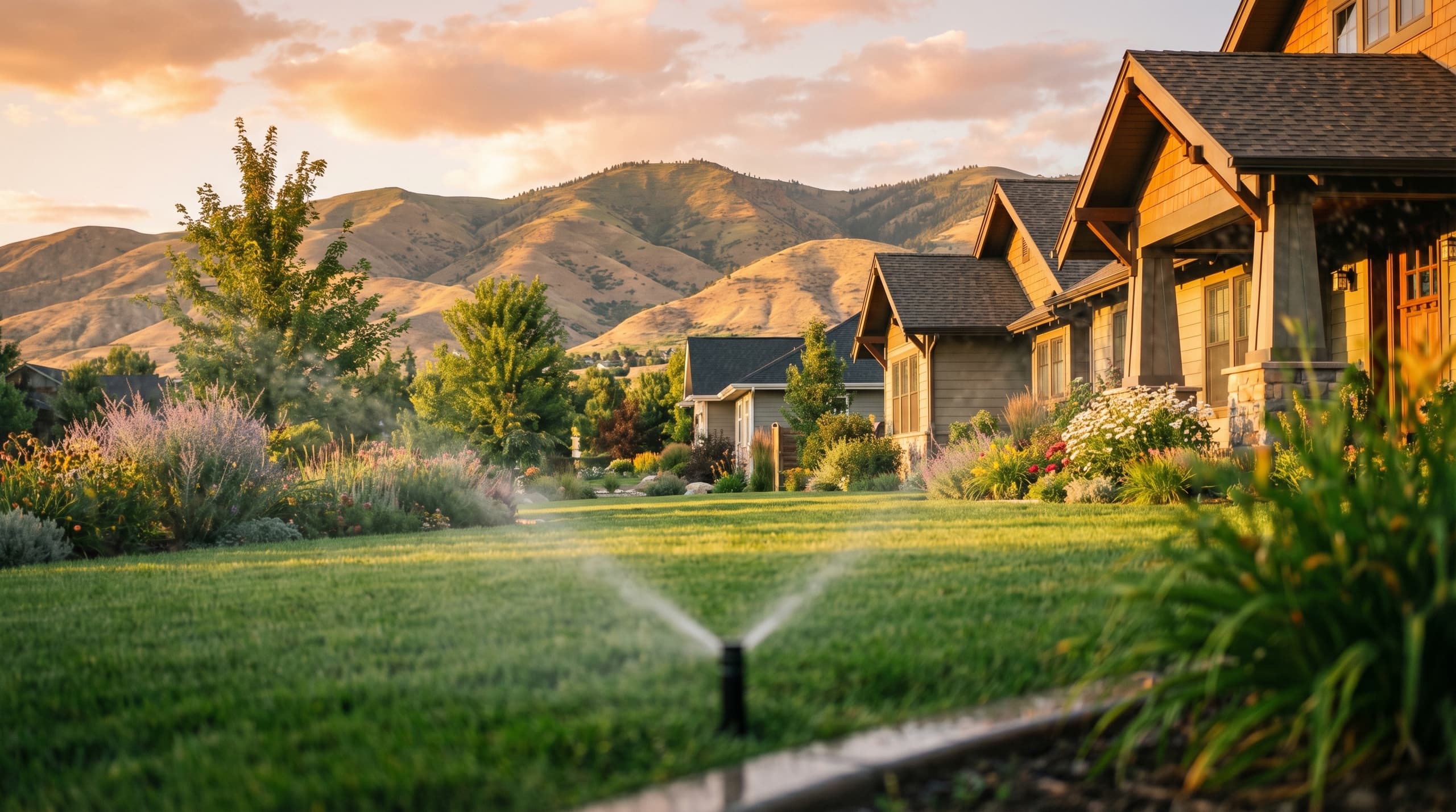 Boise backyard with green lawn and irrigation system showing mosquito prevention setup in Treasure Valley