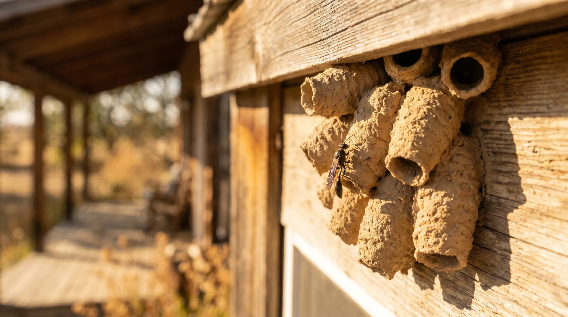 Cluster of mud dauber wasp mud tubes built side by side under the eave of a Boise Idaho home
