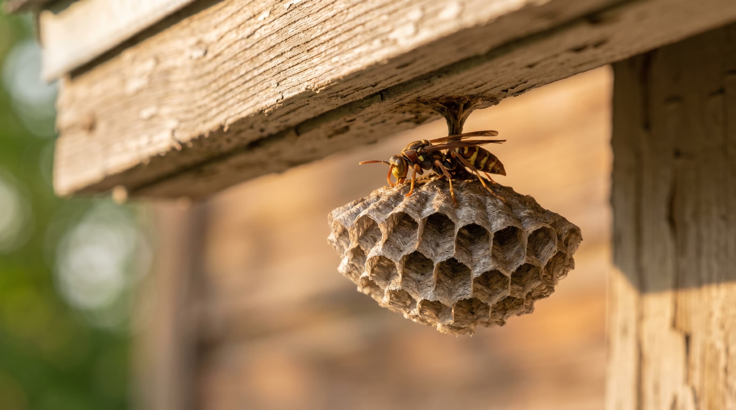 Paper wasp nest under the eave of an Idaho home with the umbrella-shaped open cells visible