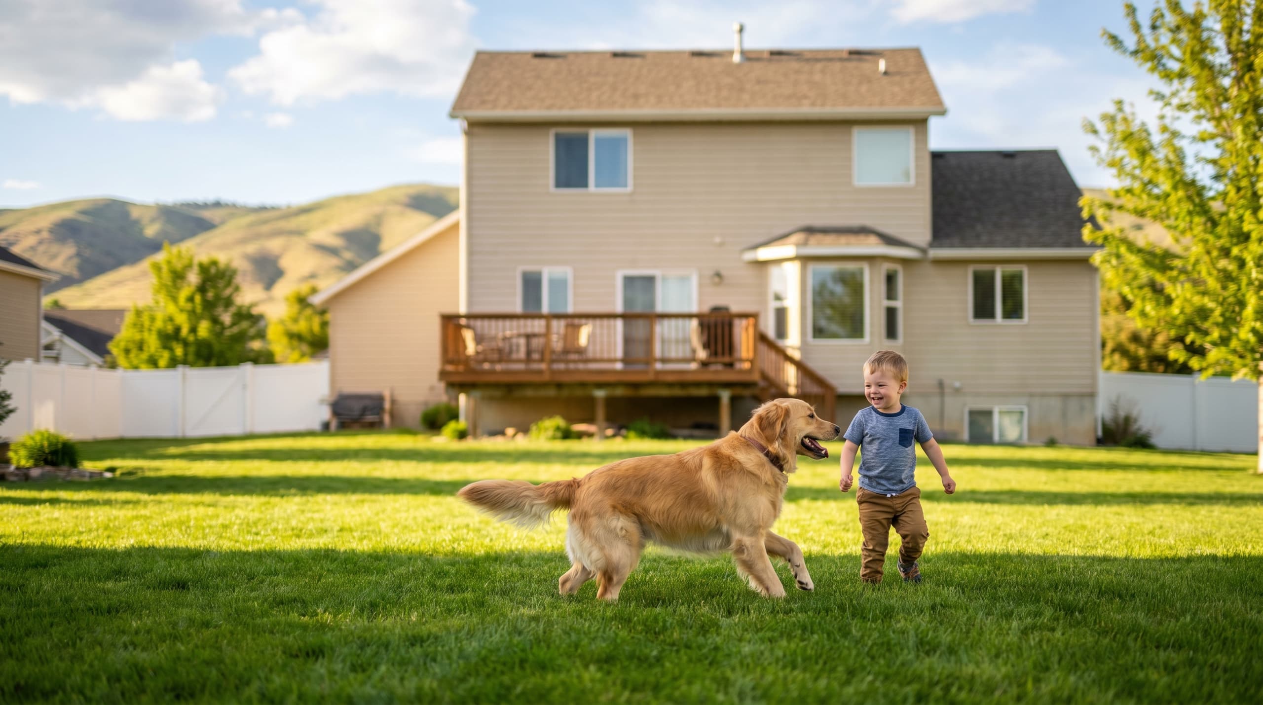 Family dog and child playing in a Boise backyard after pet safe pest control treatment