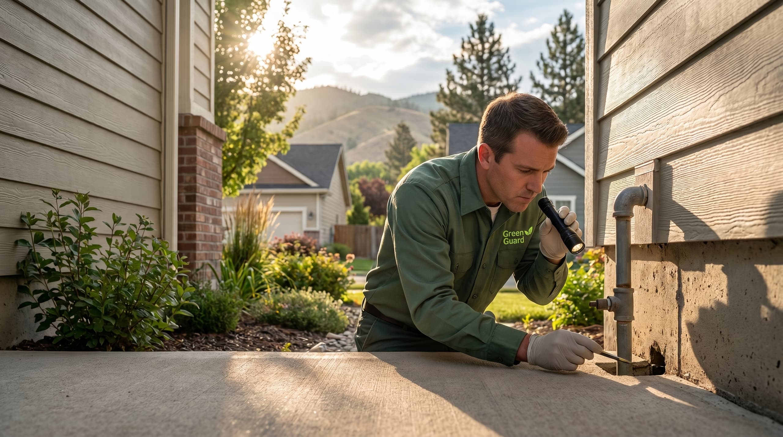 Professional rodent control technician inspecting a Boise home exterior for mouse and rat entry points