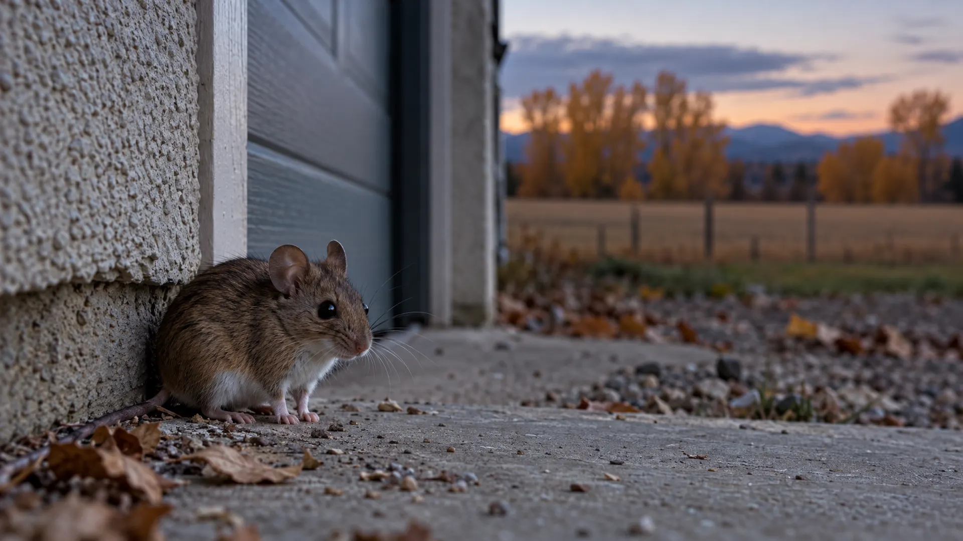 Deer mouse by the garage door of a Middleton Idaho home on a cold fall evening with harvested fields behind it, a reminder that rodent control in Middleton starts before winter