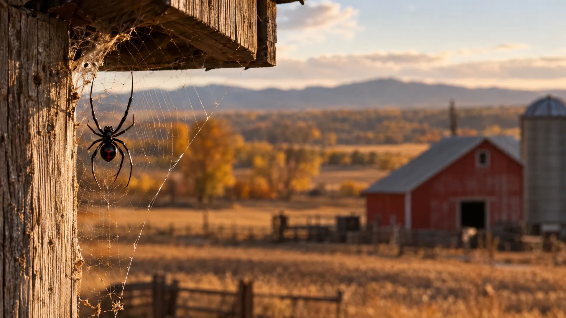 Black widow spider on a web under a wooden eave with a red barn and fall fields near Caldwell, Idaho