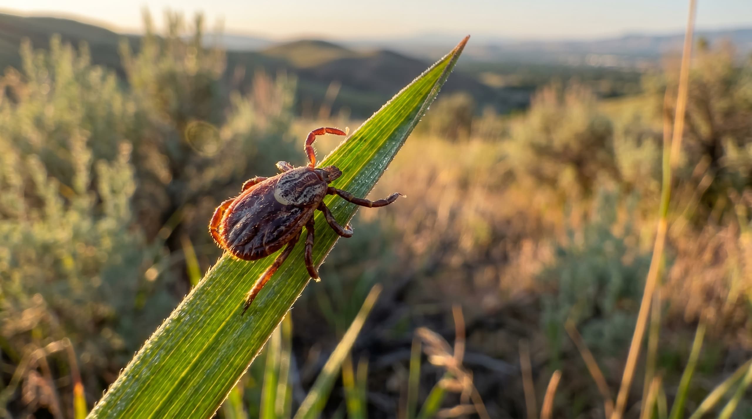 Rocky Mountain wood tick on tall grass in Idaho foothills