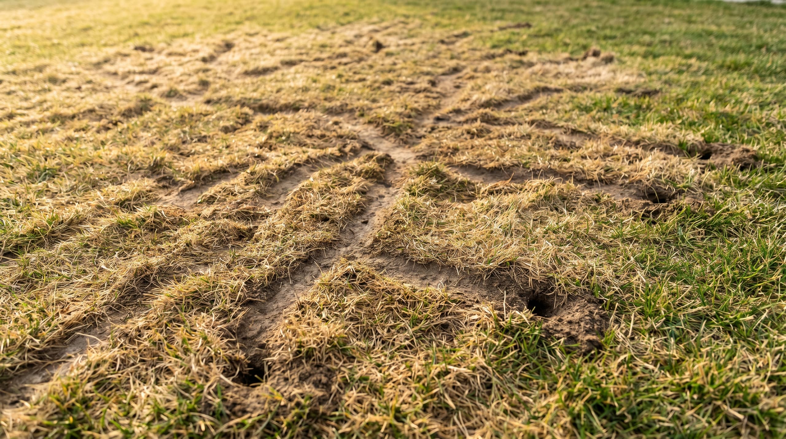 Vole damage on a Treasure Valley lawn showing the winding surface trails left after spring snowmelt