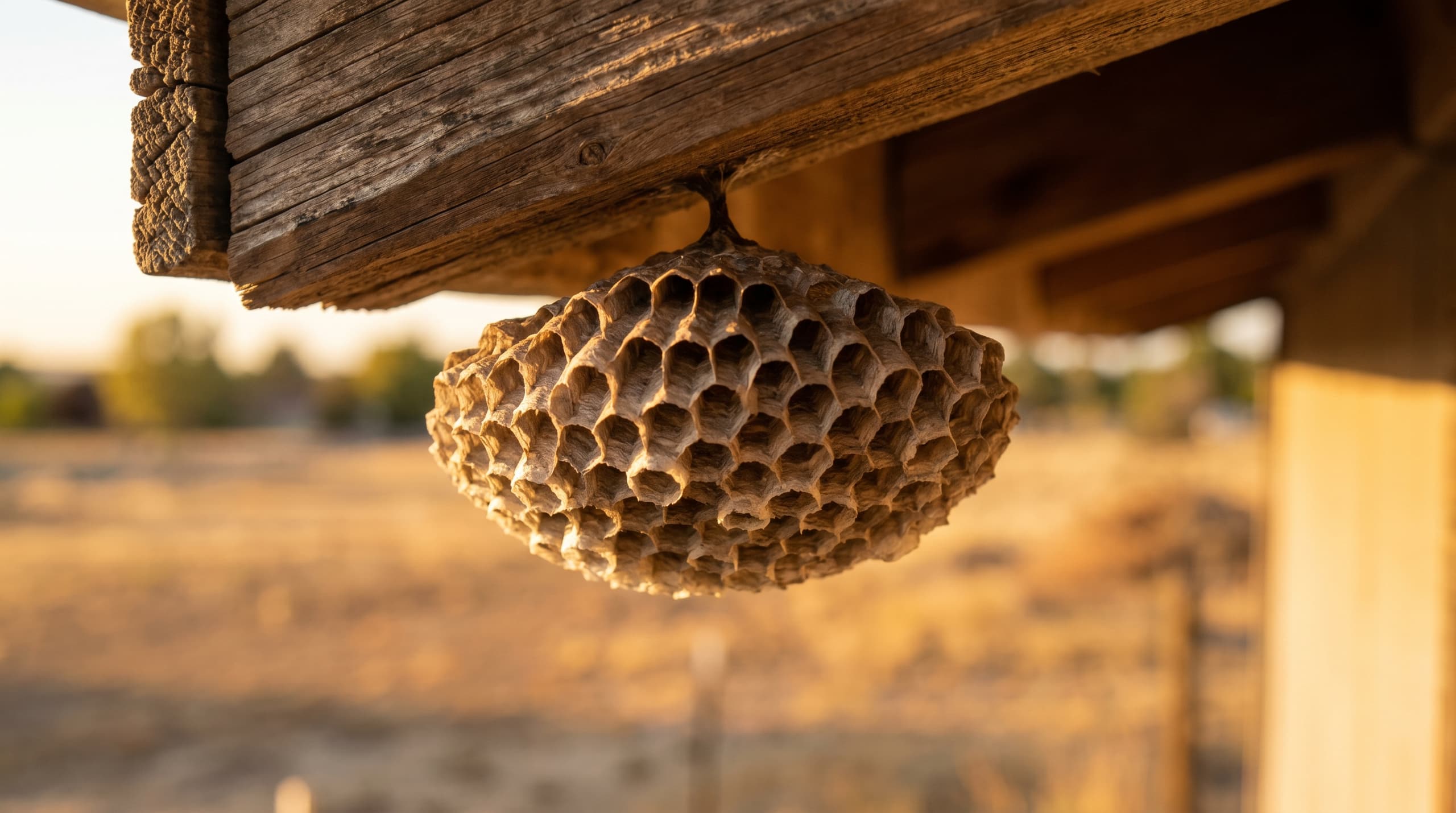 Paper wasp nest under a Boise home eave with technician preparing safe removal