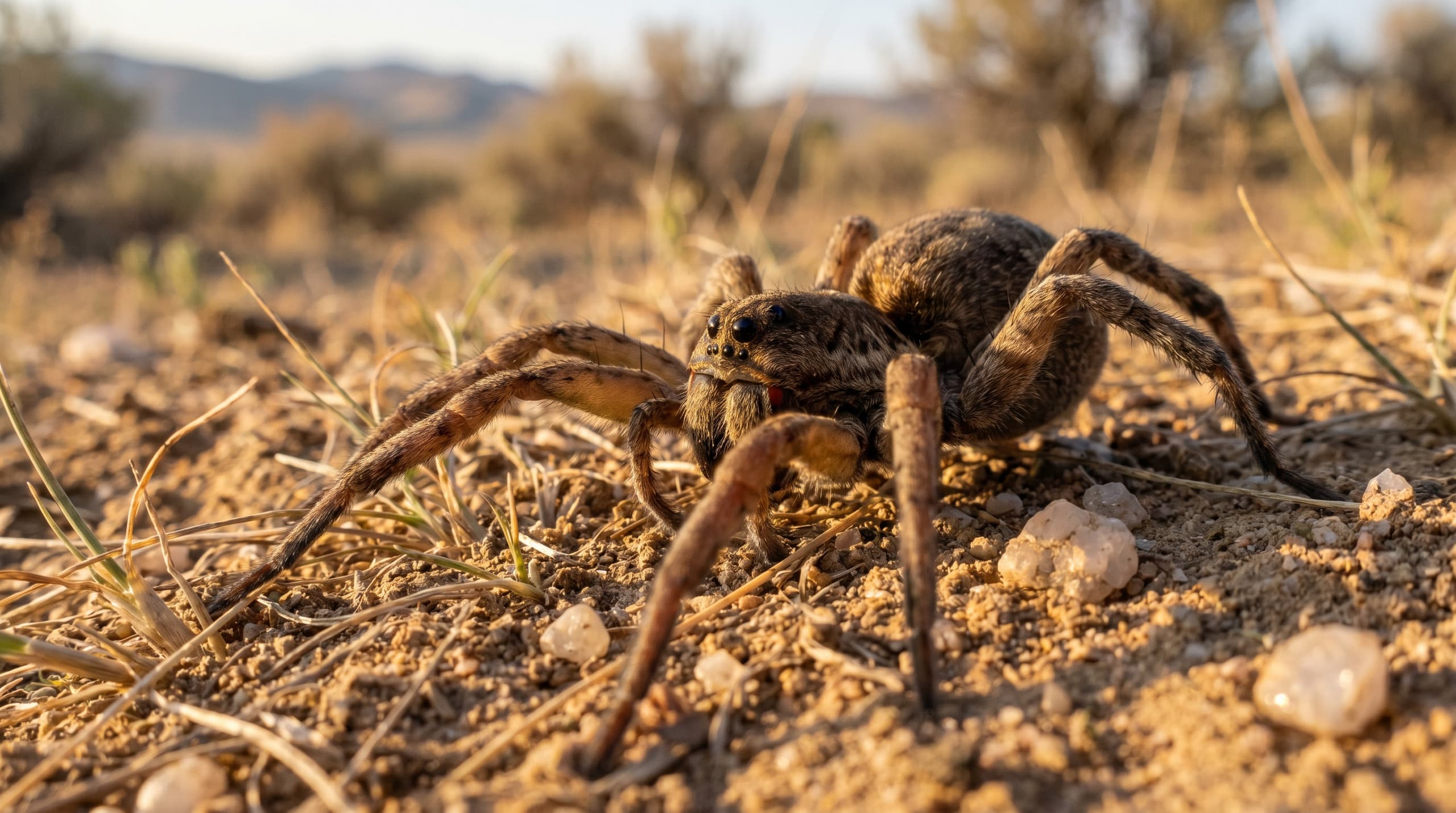 Wolf spider on Idaho soil - large hairy ground-hunting spider common in Treasure Valley homes