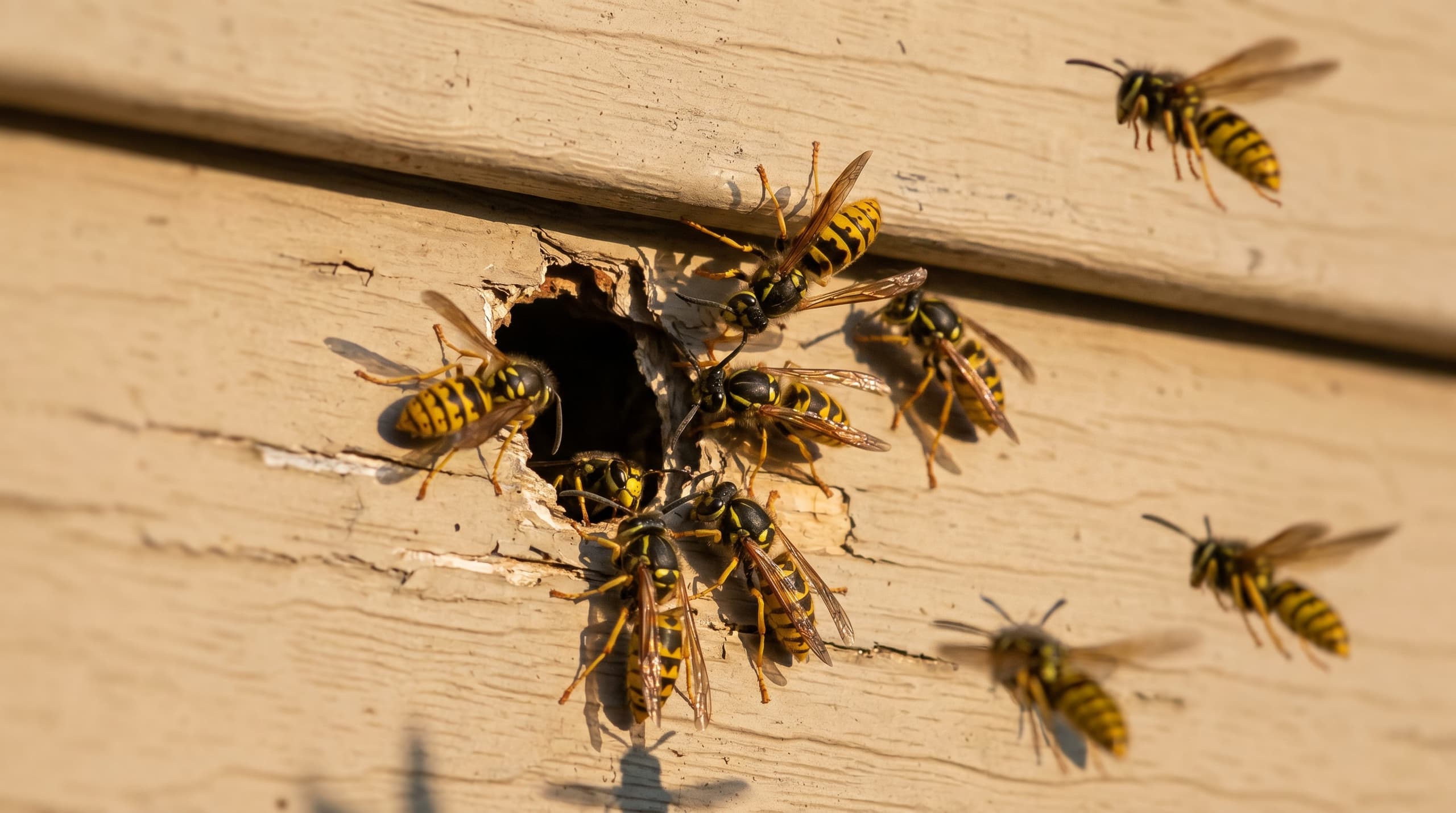 Yellow jackets entering a hole in home siding, signaling a wall void nest in a Boise home