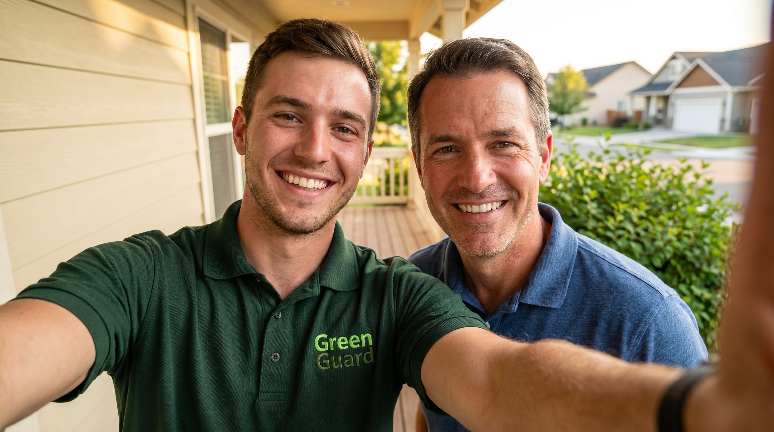 Green Guard technician with a happy customer