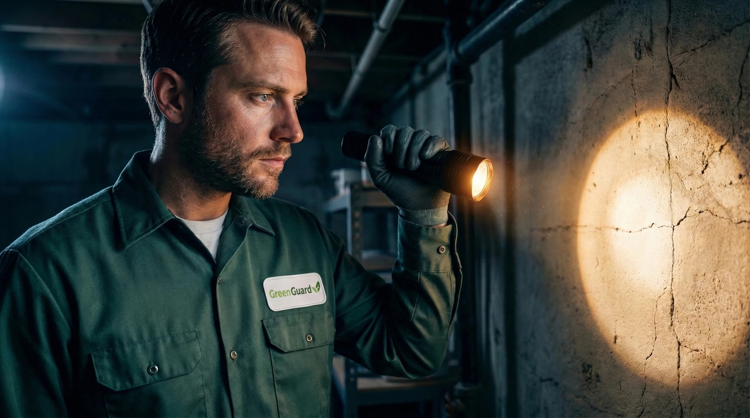Green Guard pest control technician inspecting a crawl space wall with a flashlight