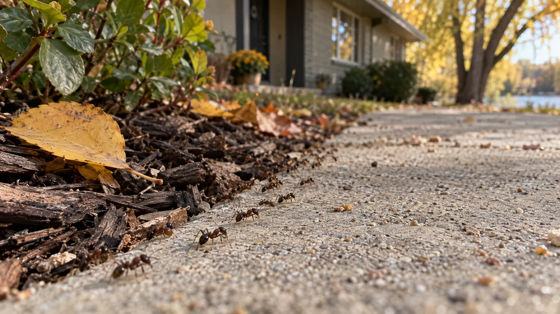 Ant trail along a concrete walkway beside a mulched landscape bed at a Garden City, Idaho home in fall