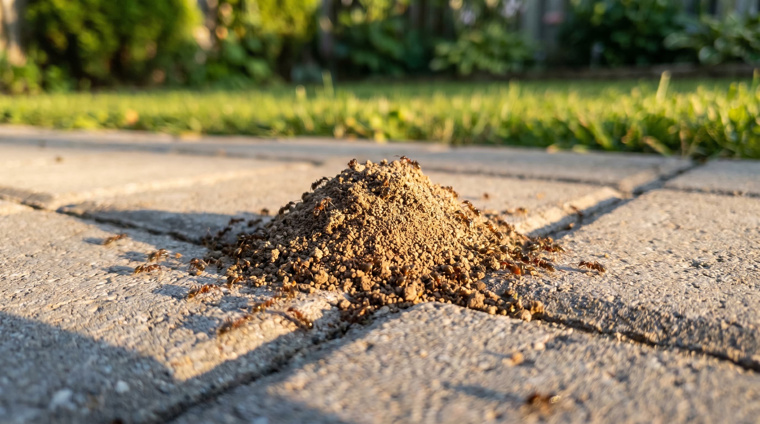 Close-up of pavement ants and cone-shaped dirt mound between gray concrete patio pavers in a Boise backyard