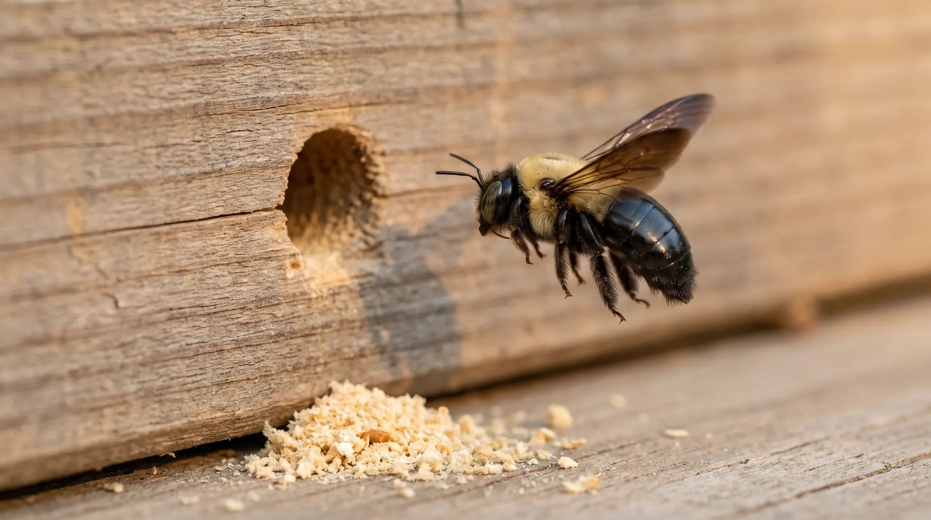 Male carpenter bee with a shiny black abdomen hovering next to a perfect round half-inch entrance hole drilled into an unpainted cedar deck joist at a Boise home