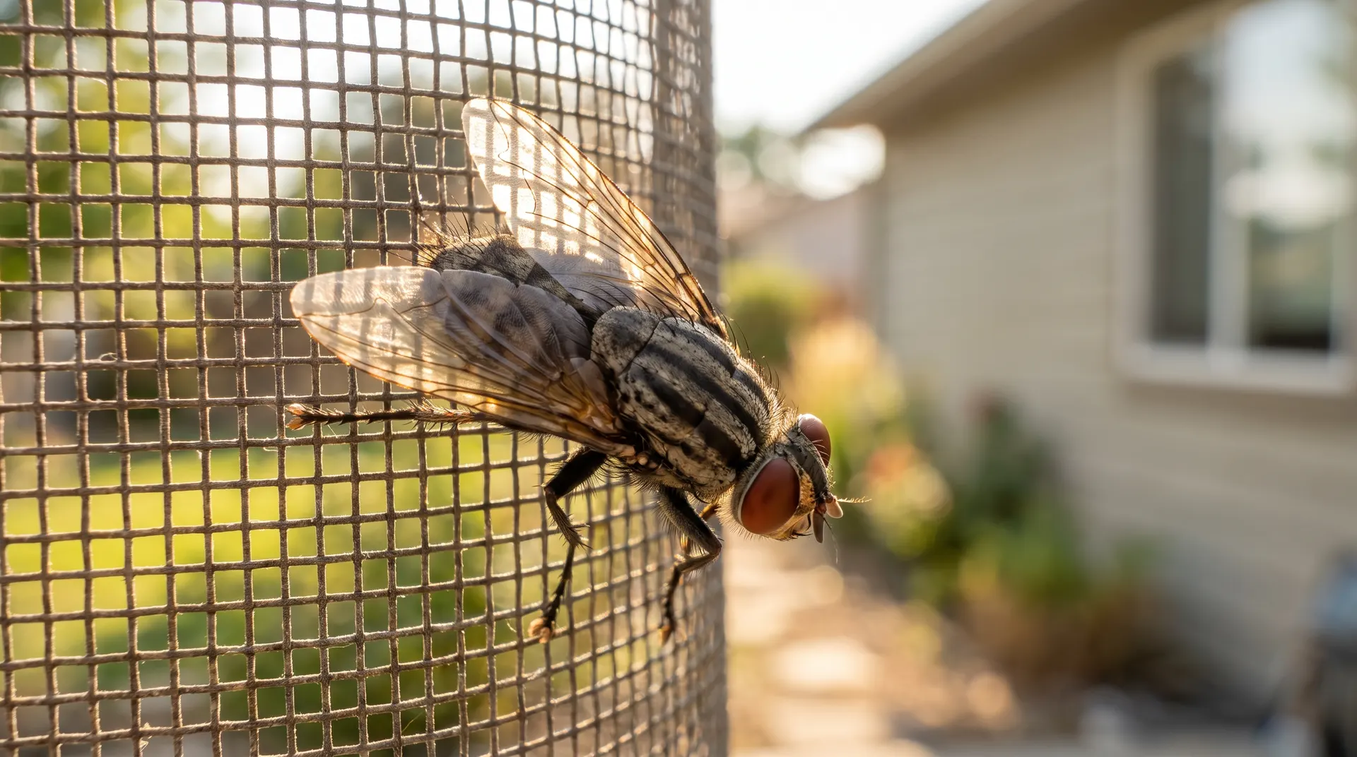 Extreme close-up macro photograph of a common house fly (Musca domestica) resting on the outside window screen of a Boise home in July, showing the classic 4 dark thorax stripes and red compound eyes