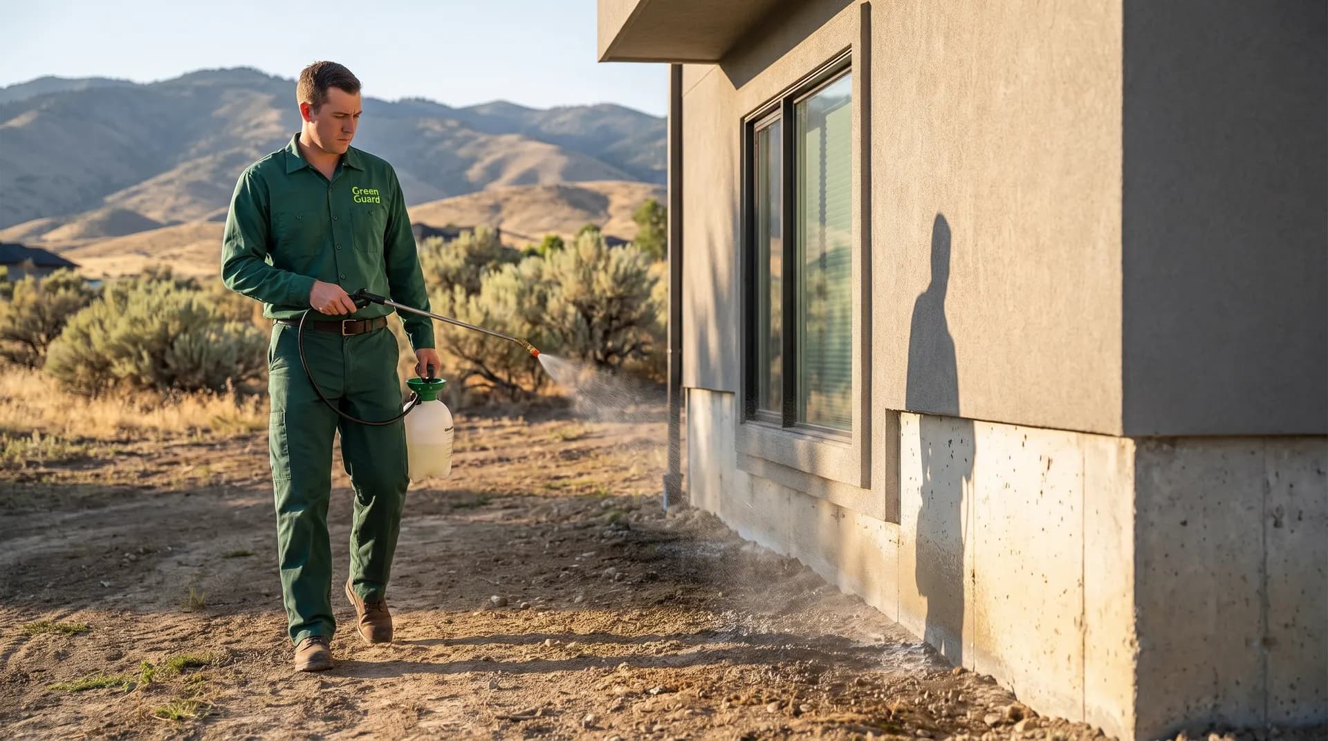 Boise pest control technician spraying an exterior foundation barrier for quarterly treatment