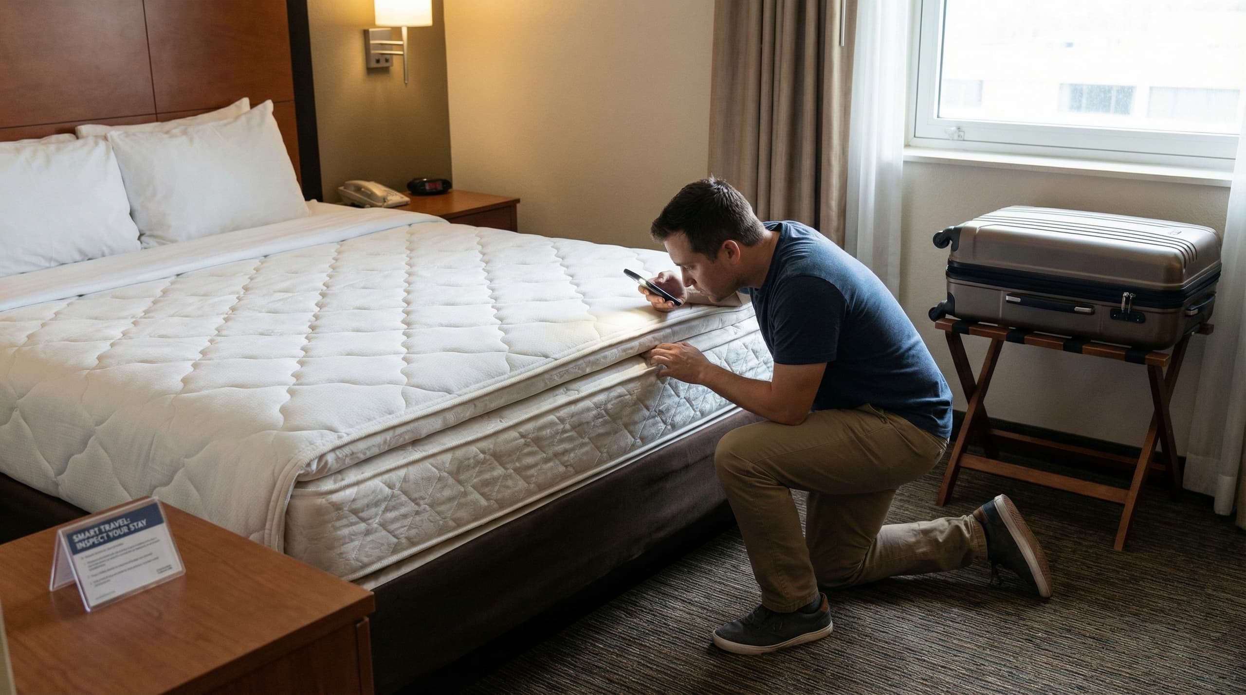 Hotel room inspection for bed bugs - travel prevention tips