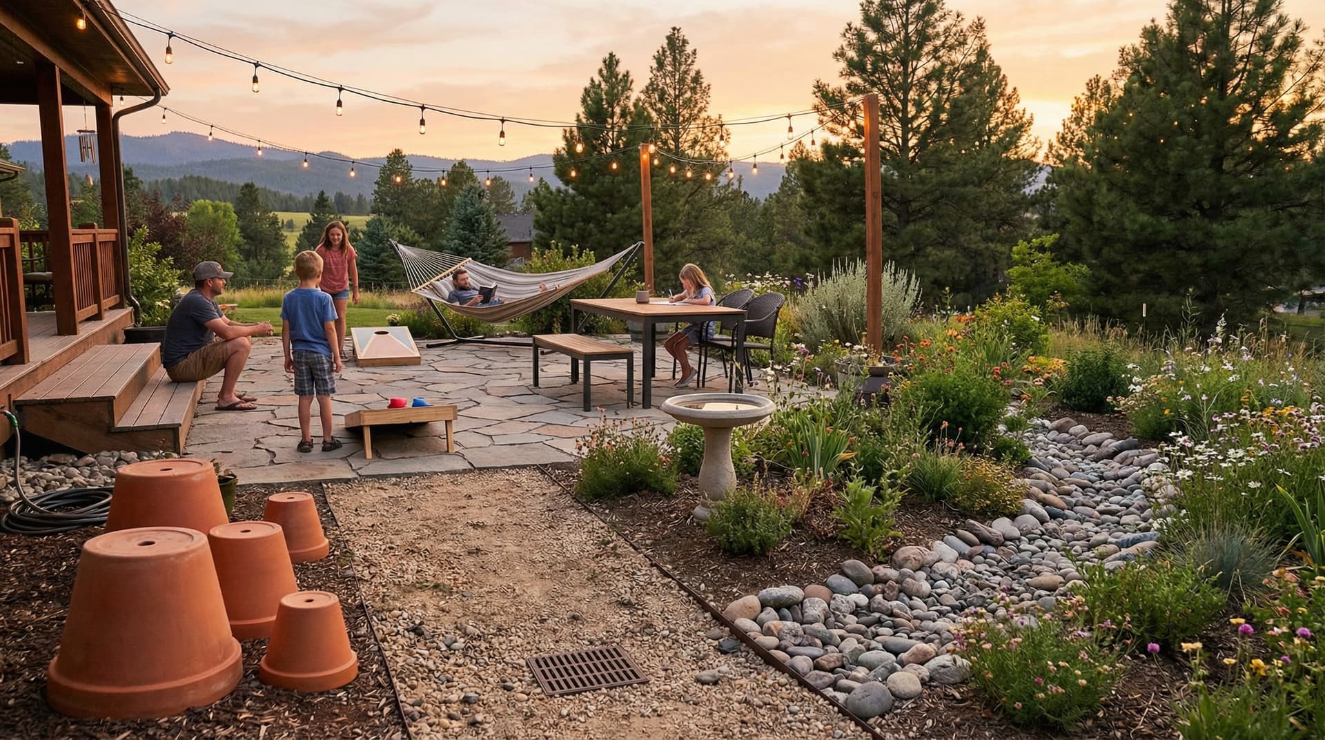 Beautiful backyard patio - mosquito prevention for Idaho yards