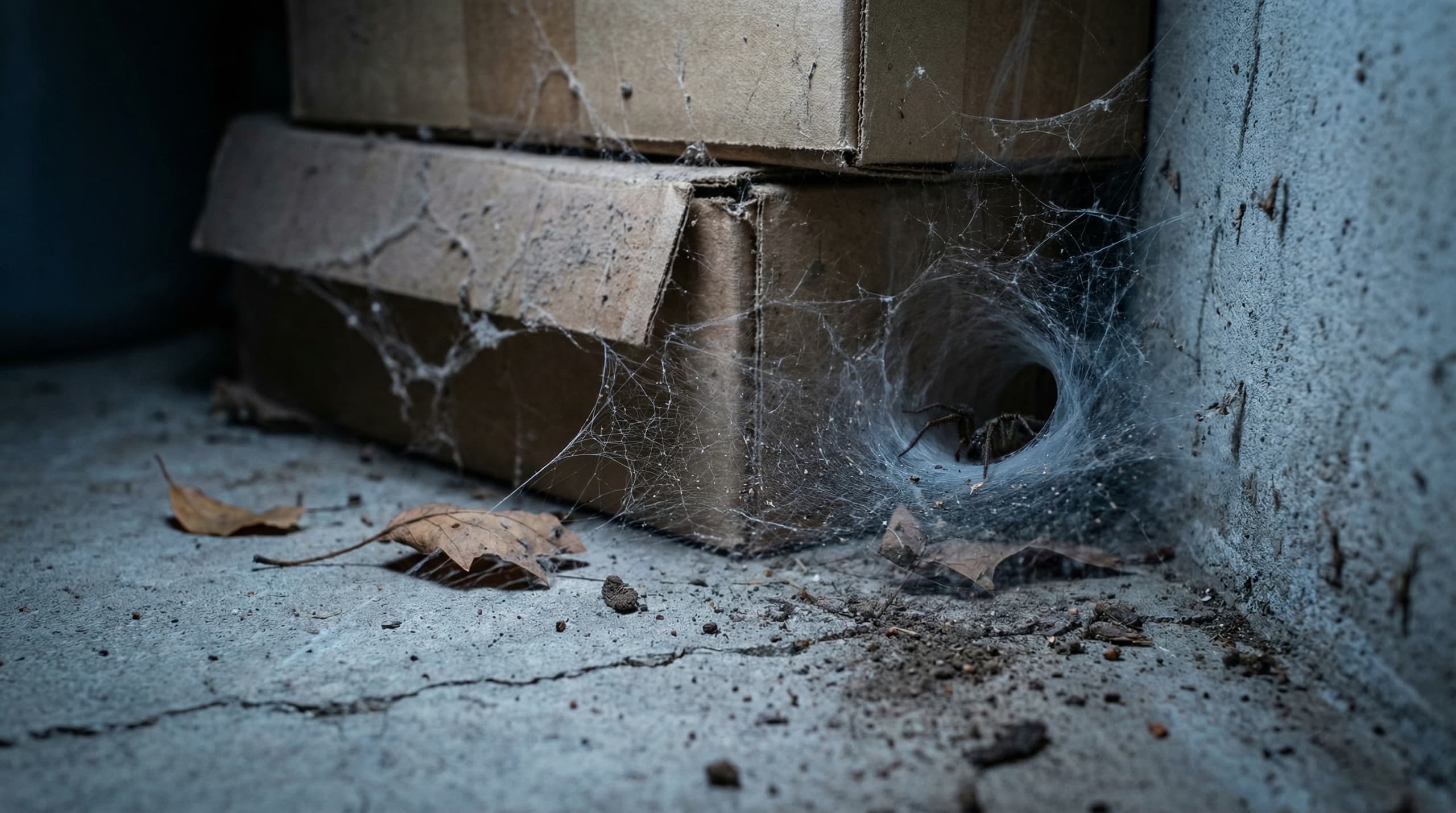 Dark garage corner with spider web illuminated by light showing fall spider prevention in Idaho