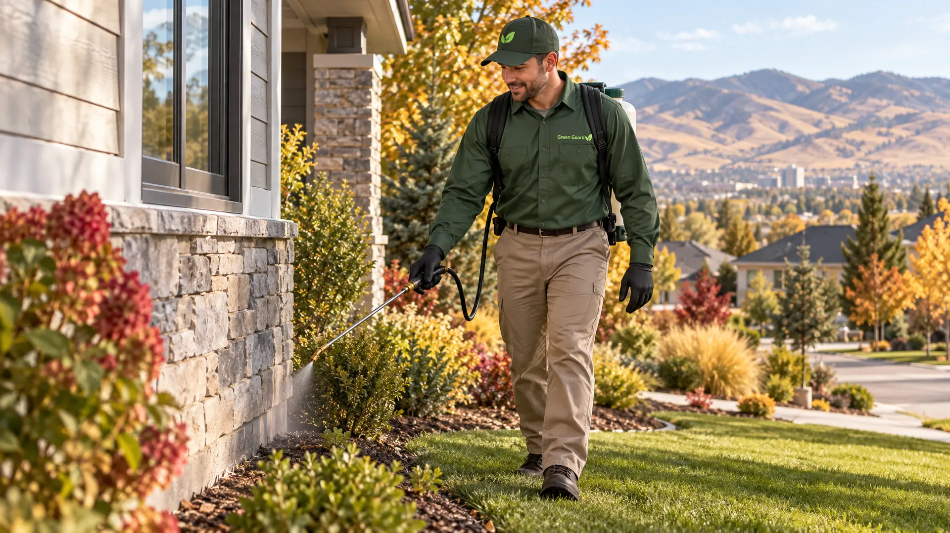 Local pest control company technician treating the foundation of a Boise home