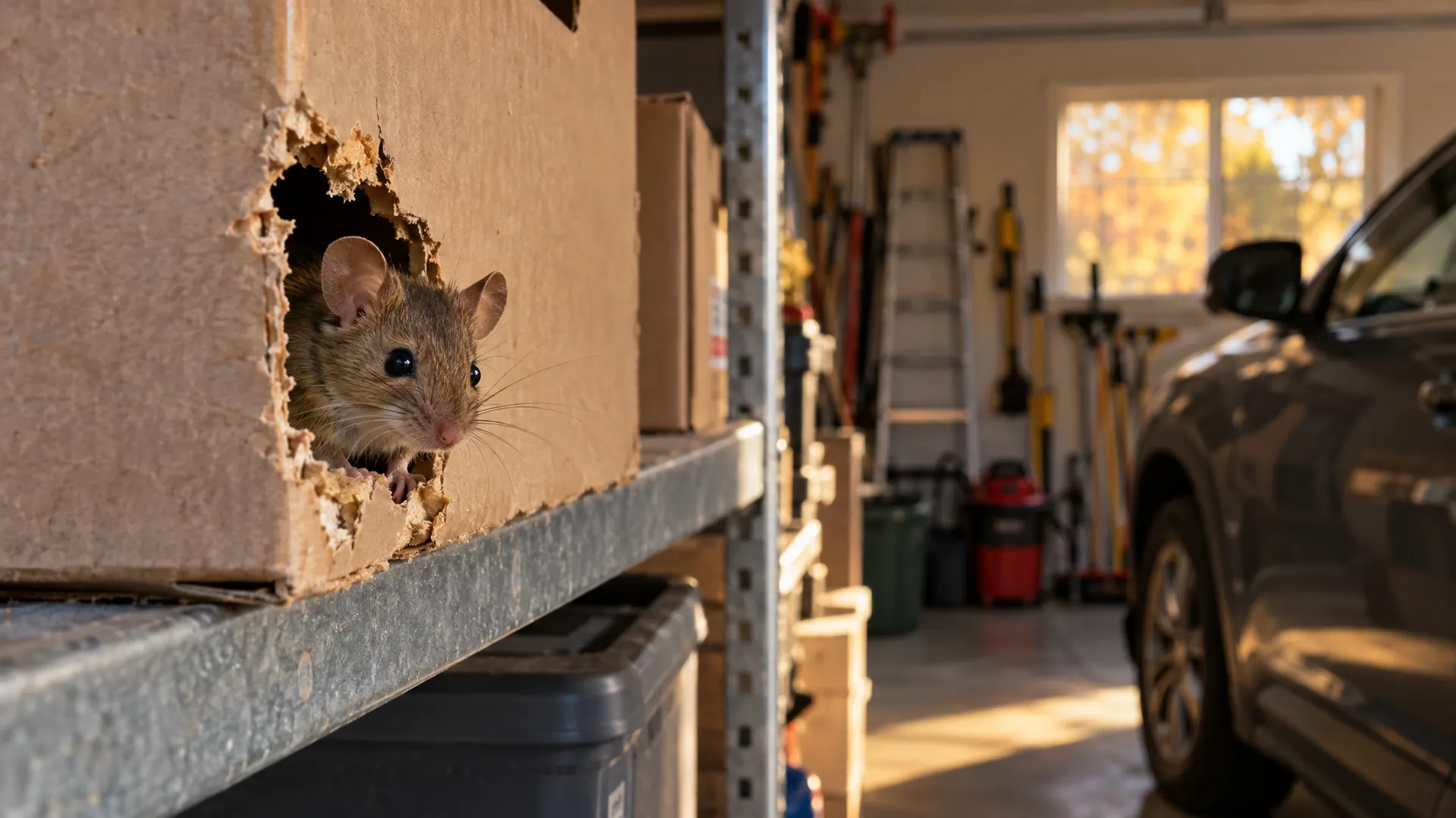 House mouse peeking out of a chewed cardboard storage box in a Boise garage on a cool fall evening, a common sign of mice in garage spaces