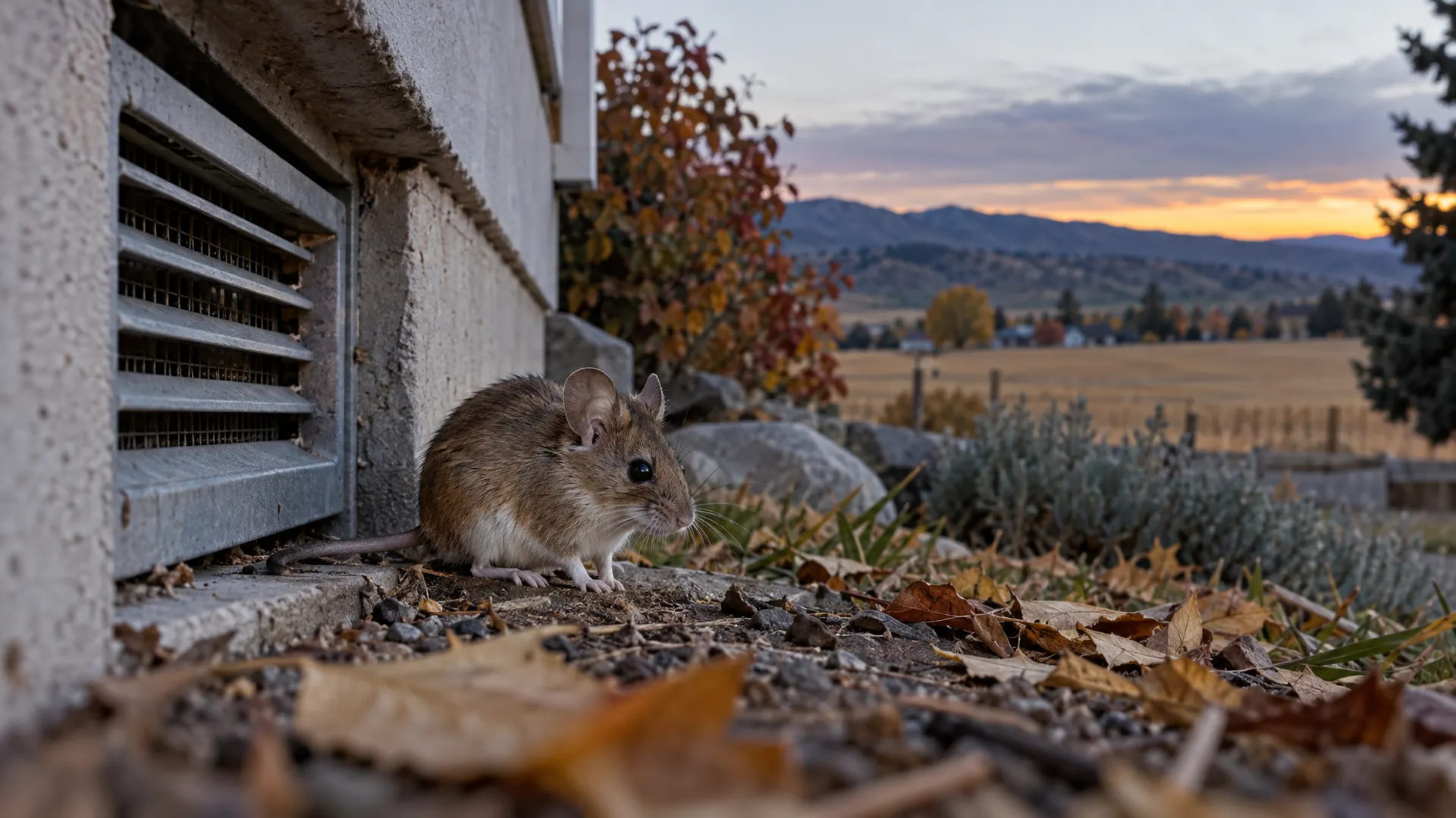 Deer mouse beside the foundation vent of a Kuna Idaho home on a cool fall evening with harvested fields behind it, the moment to call a mouse exterminator in Kuna