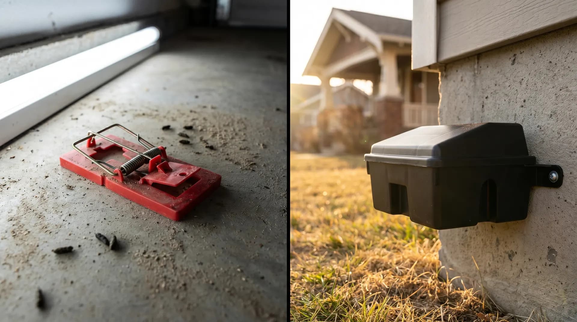 Side-by-side comparison of DIY snap traps in a Boise garage next to a professional mouse exterminator's tamper-resistant bait station