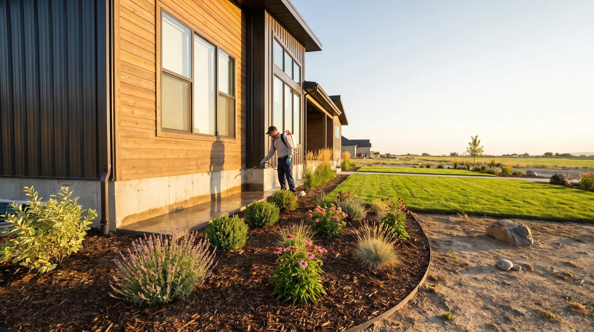 Clean Boise home foundation and landscaping in mid-summer with a fresh perimeter barrier treatment applied, showing preventive pest control before any visible infestation
