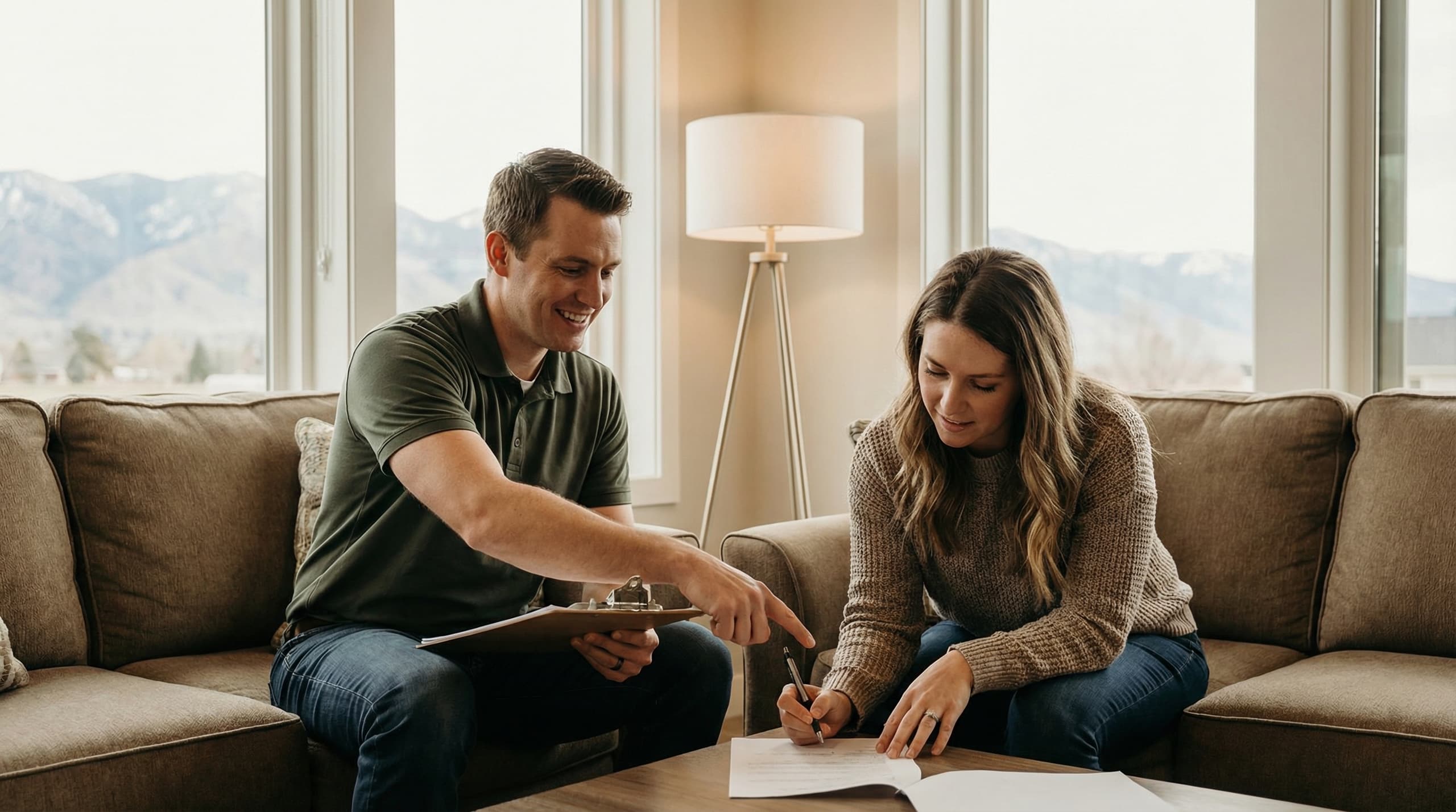 Homeowner discussing pest control with professional exterminator in Idaho