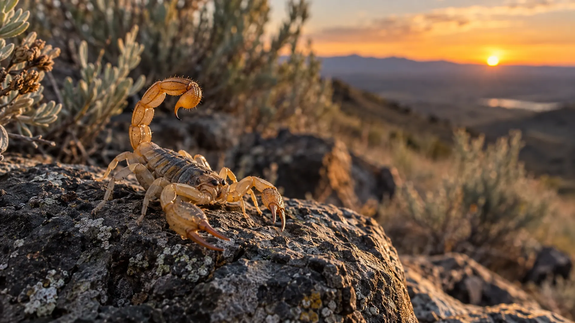 Northern scorpion on a lichen covered rock among sagebrush in the Boise Foothills at sunset, a common scorpion in Boise, Idaho