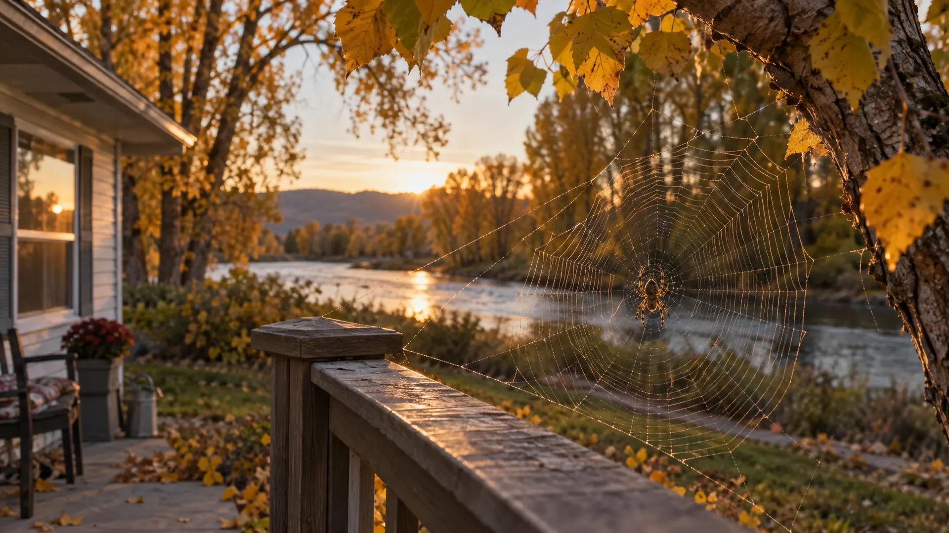 Orb weaver spider web on a porch railing beside a Garden City home along the Boise River in fall