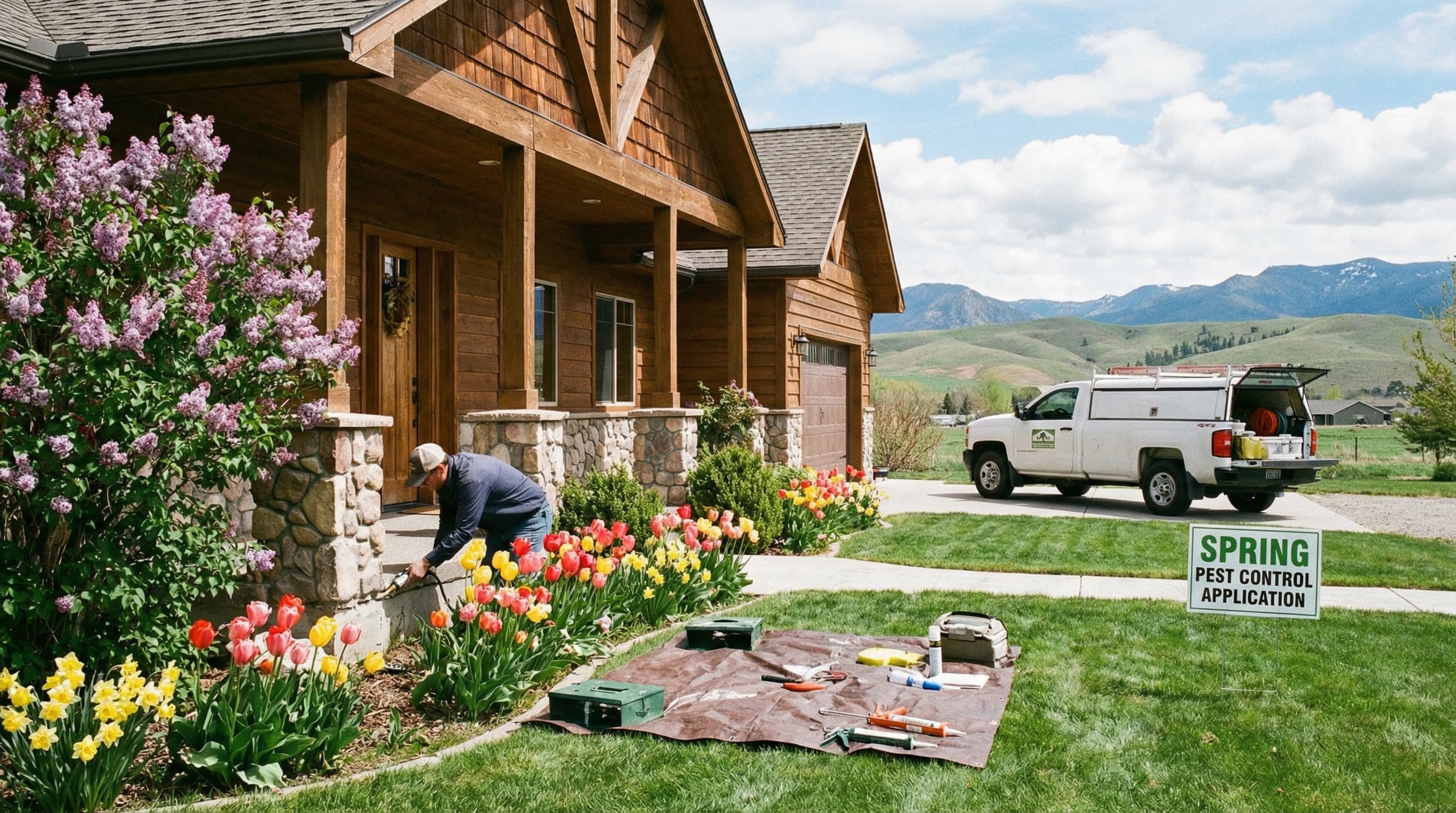 Idaho spring landscape with blooming flowers - spring pest prevention guide