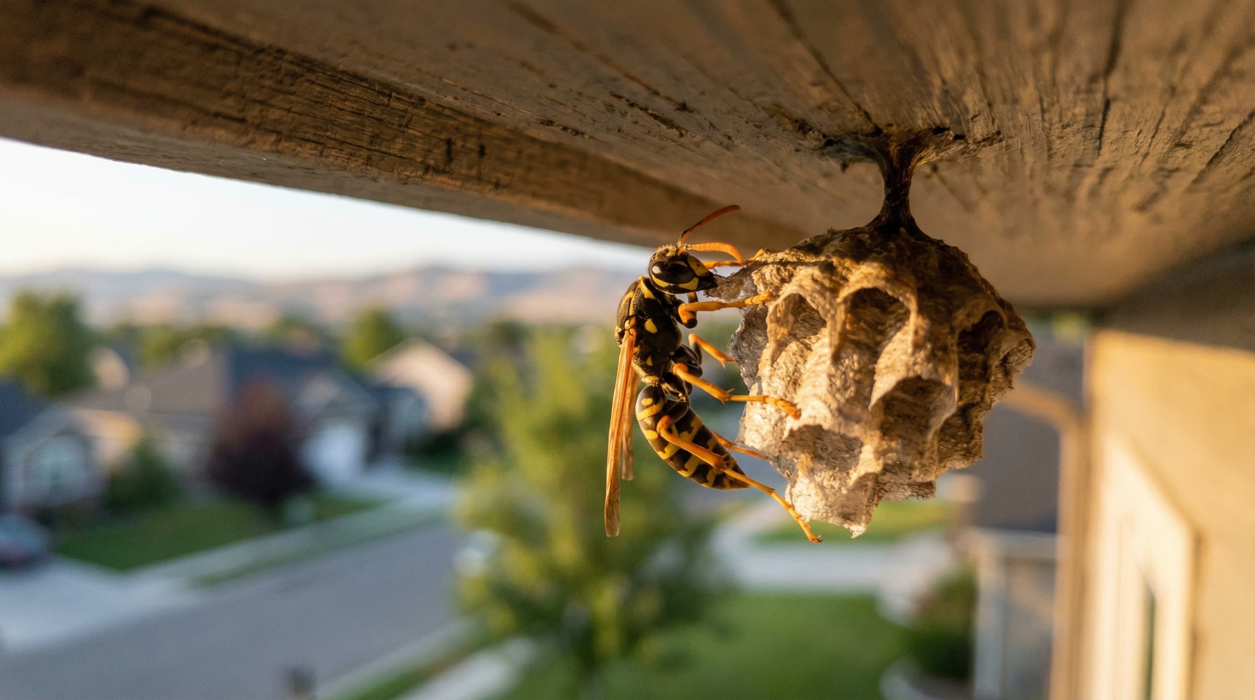 Paper wasp building a nest under a home eave in Boise Idaho during spring