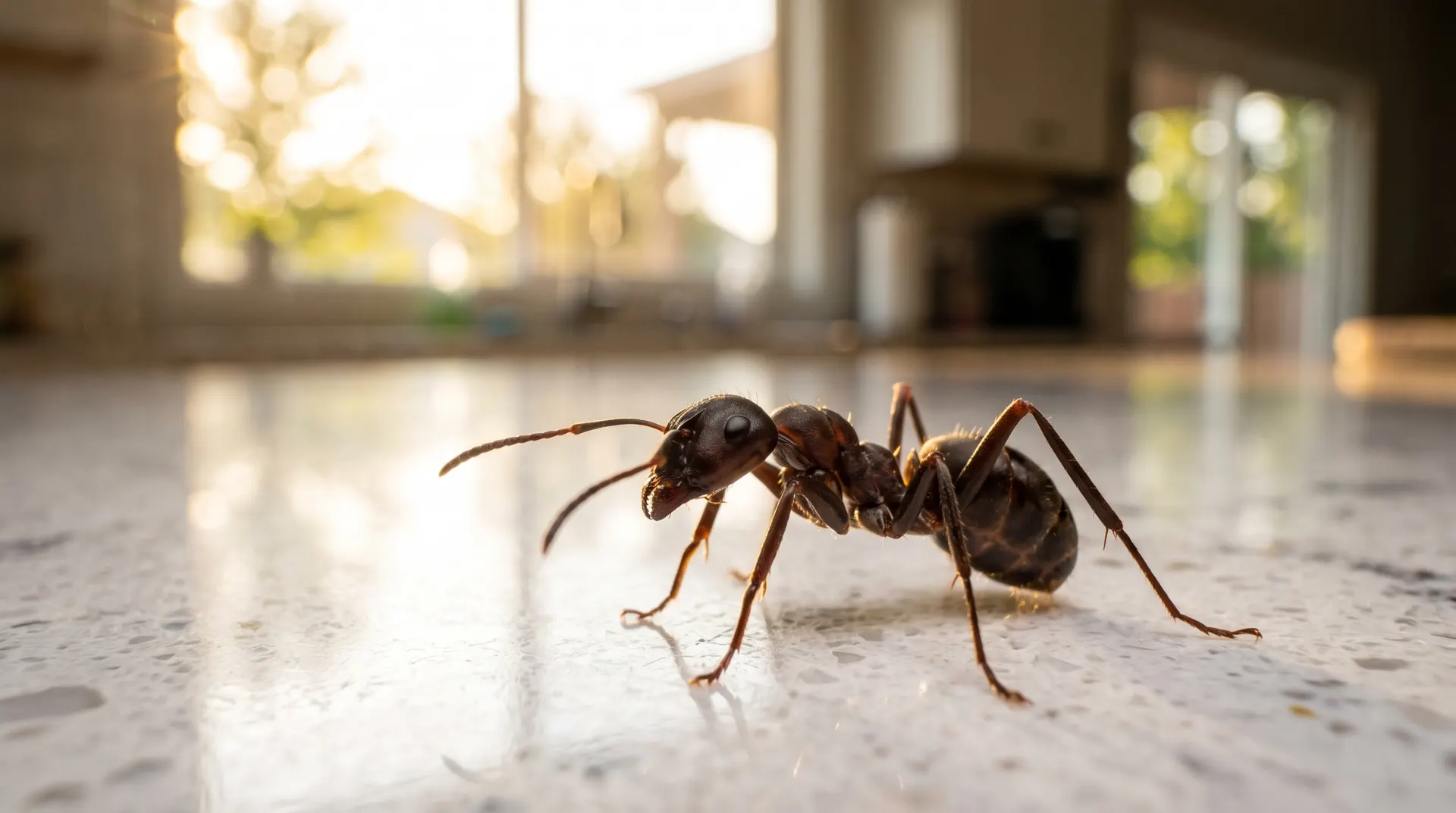 Close-up of an odorous house ant on a Boise kitchen counter, summer ant control guide