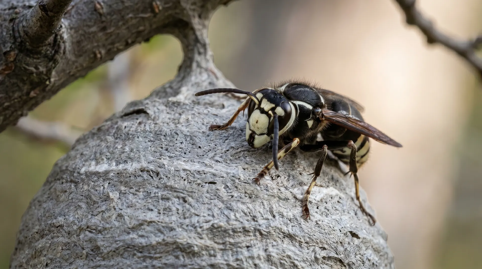 Gray football-shaped bald-faced hornet nest hanging from a tree branch in an Idaho backyard