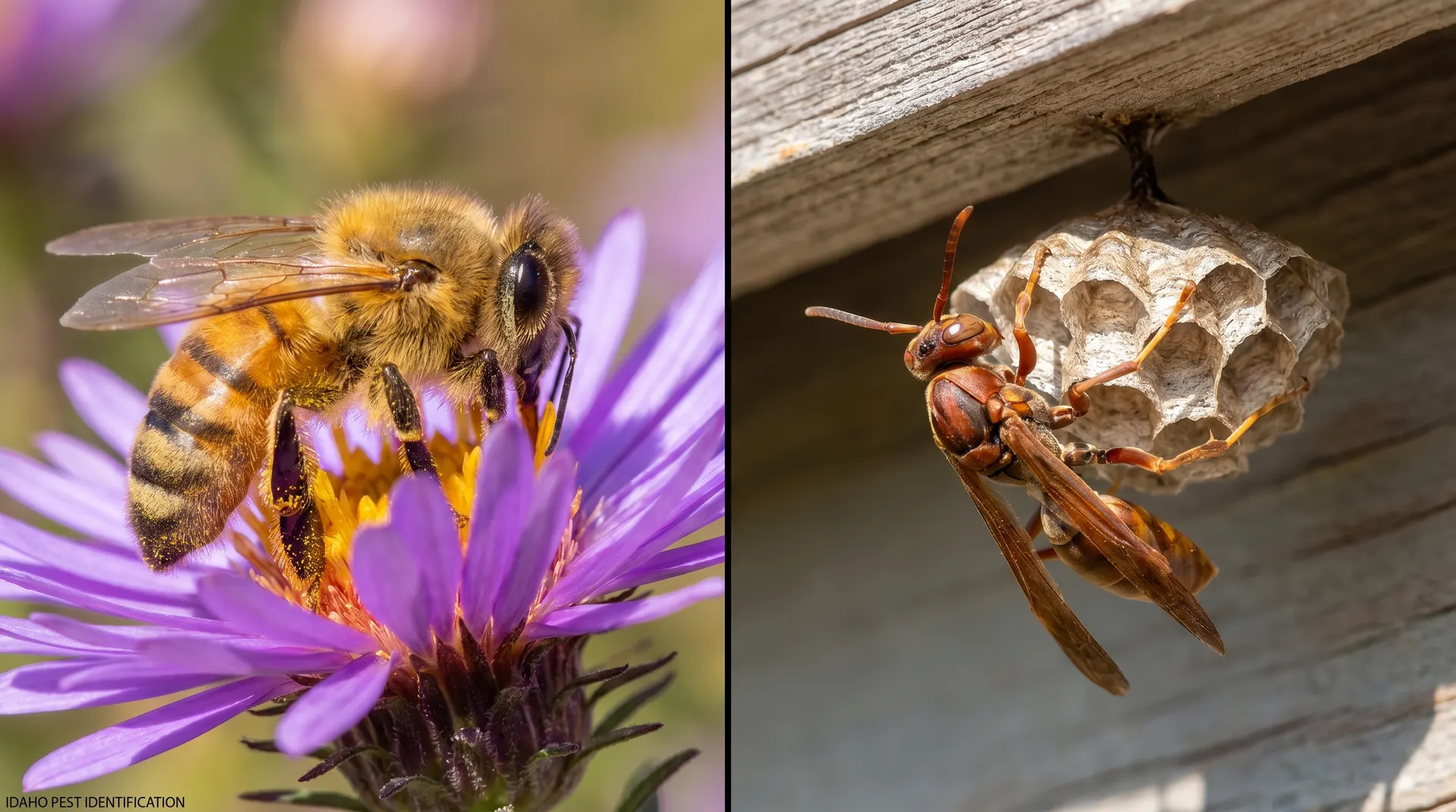 Side-by-side macro comparison of a paper wasp Boise homeowners spot under eaves and a fuzzy honeybee Idaho beekeepers protect