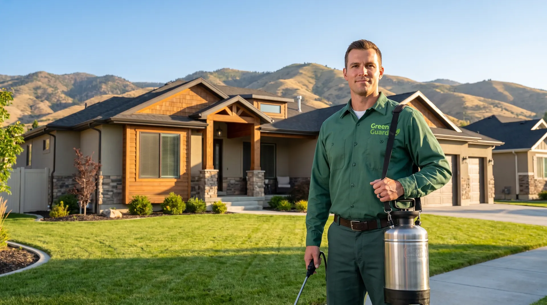 Green Guard pest control technician outside a Boise, Idaho home in 2026