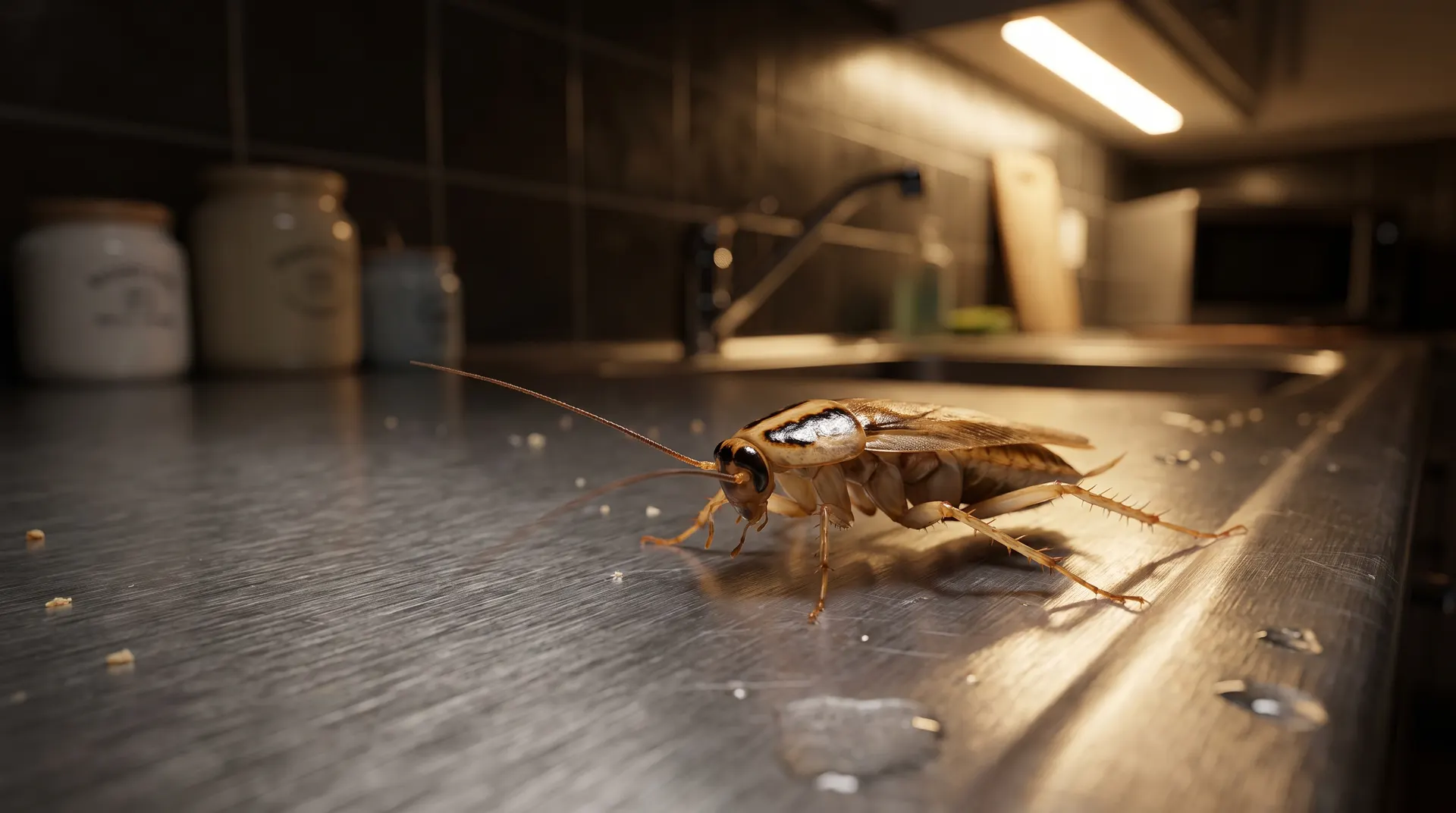 Close-up of a German cockroach on a Boise apartment kitchen counter at night