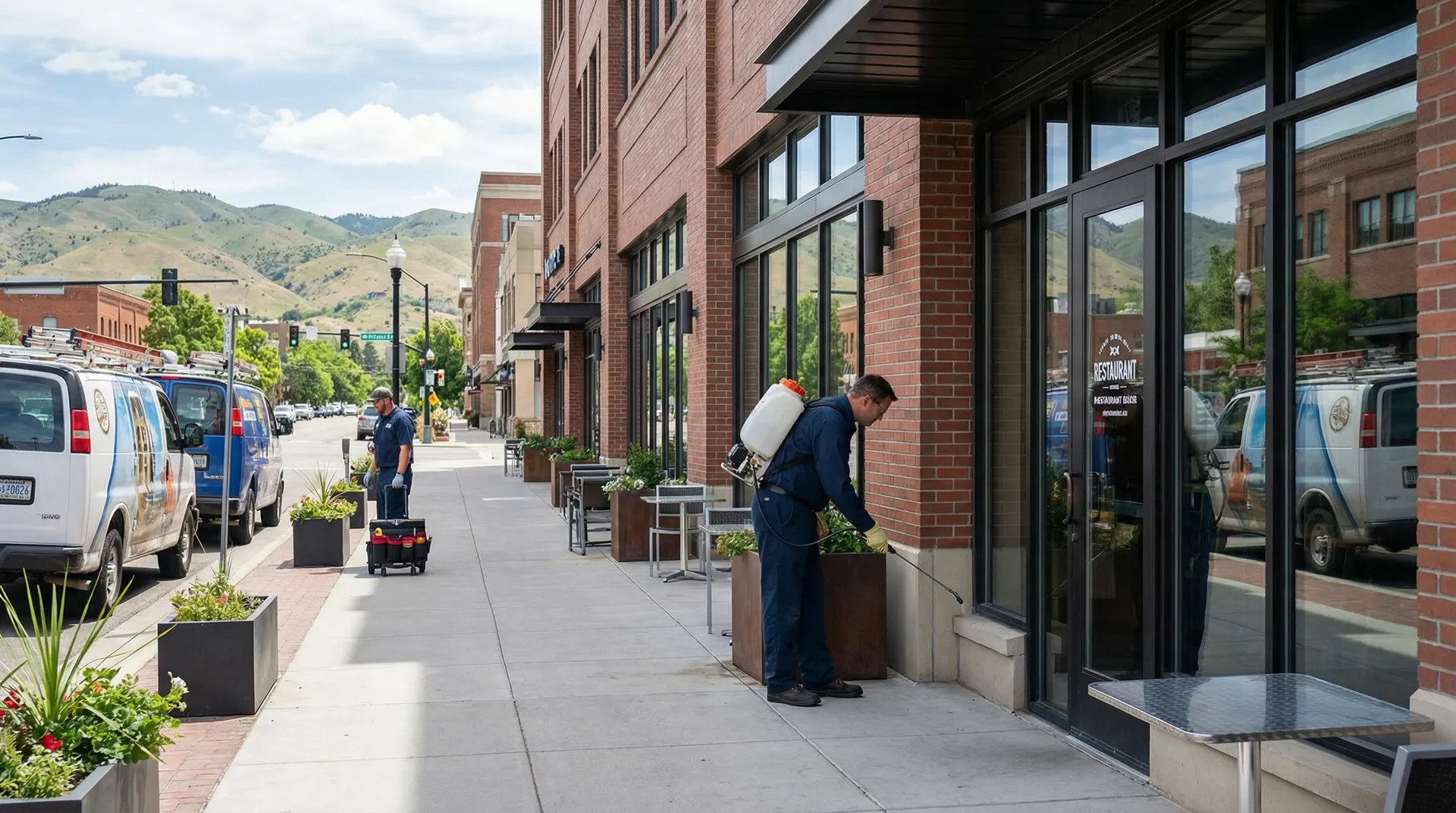 Commercial pest control technician servicing a Boise business kitchen